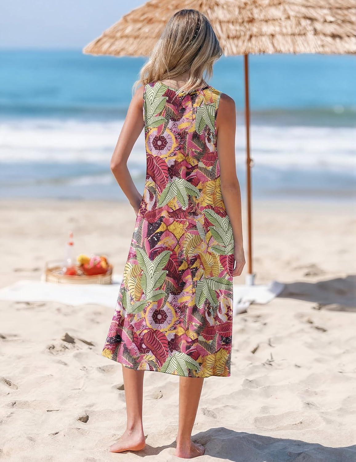 imageZeagoo Womens Summer Midi Dresses 2026 Casual Sleeveless Tank Sundresses A Line Crewneck Beach Vacation Dress with PocketsGreen Leafzw392