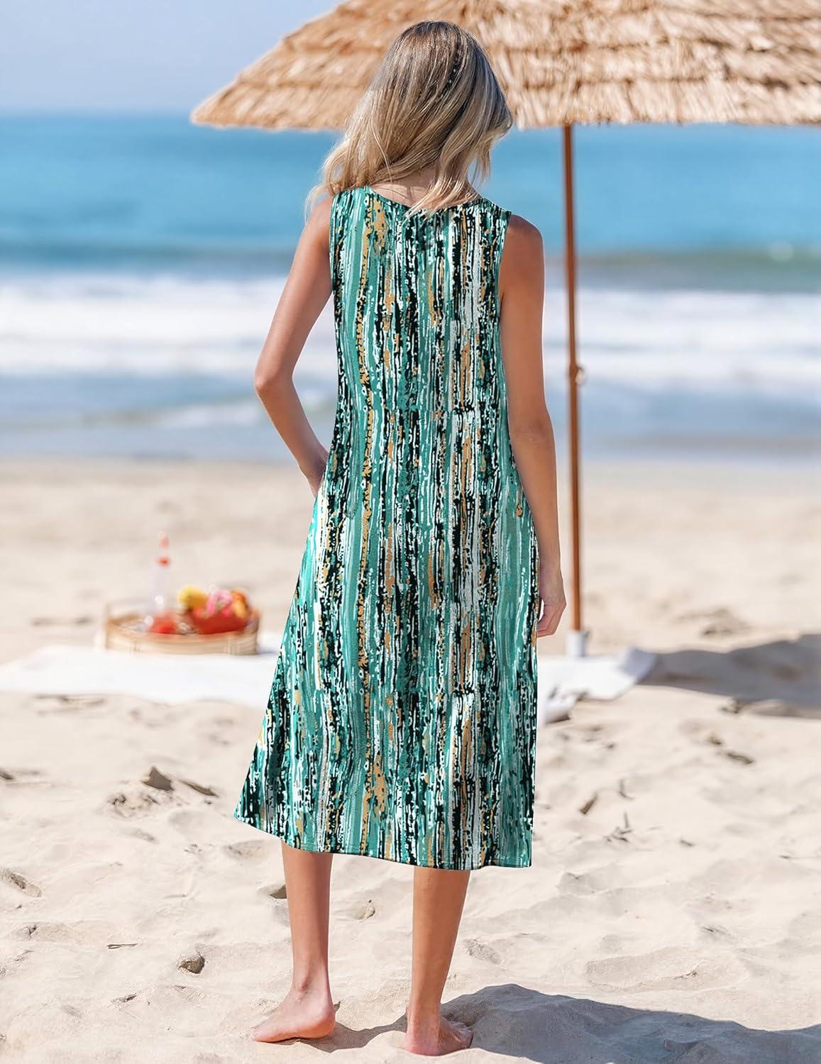 imageZeagoo Womens Summer Midi Dresses 2026 Casual Sleeveless Tank Sundresses A Line Crewneck Beach Vacation Dress with PocketsGreencx259