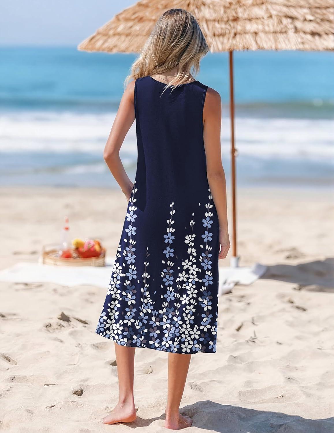 imageZeagoo Womens Summer Midi Dresses 2026 Casual Sleeveless Tank Sundresses A Line Crewneck Beach Vacation Dress with PocketsNavy Blue Floralsf119