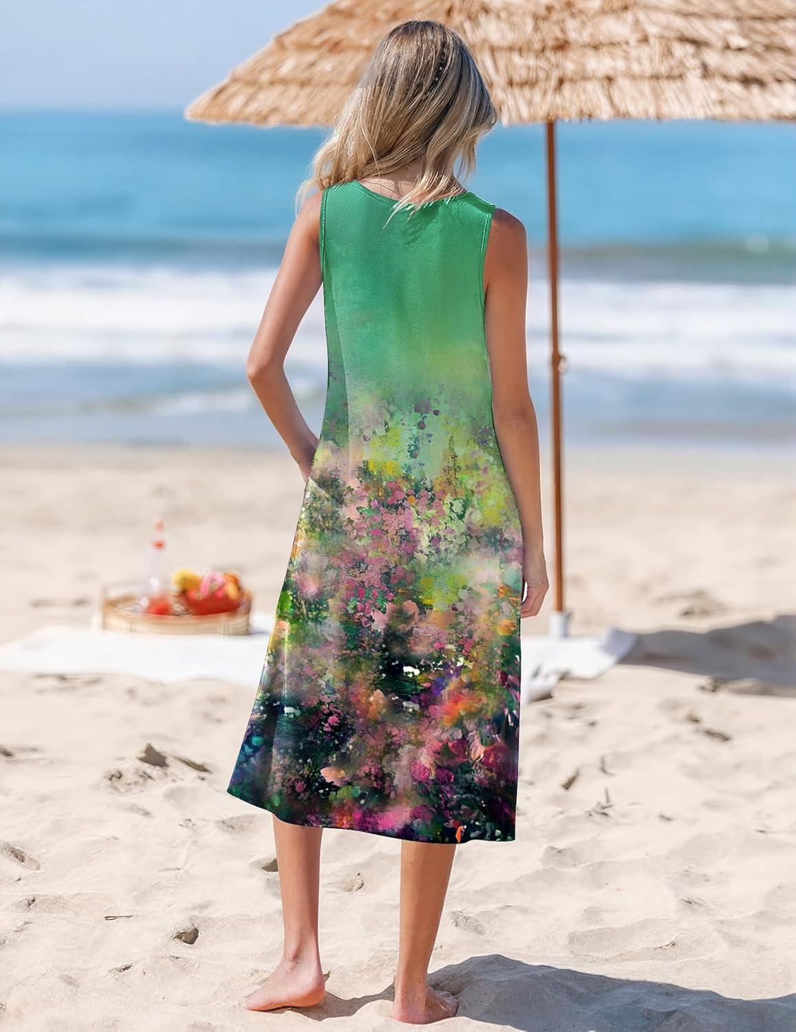 imageZeagoo Womens Summer Midi Dresses 2026 Casual Sleeveless Tank Sundresses A Line Crewneck Beach Vacation Dress with PocketsOil Paintingcx322