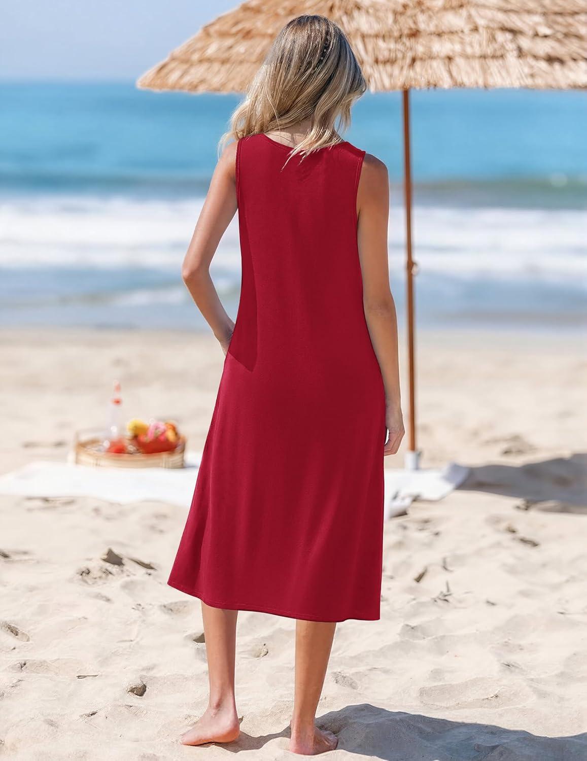imageZeagoo Womens Summer Midi Dresses 2026 Casual Sleeveless Tank Sundresses A Line Crewneck Beach Vacation Dress with PocketsRedtr
