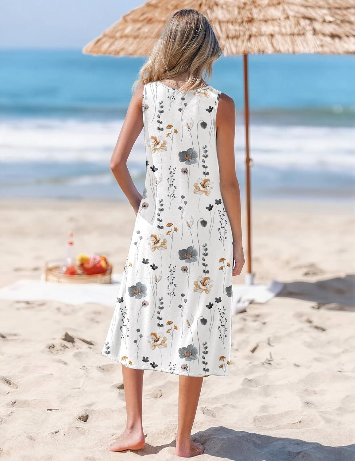 imageZeagoo Womens Summer Midi Dresses 2026 Casual Sleeveless Tank Sundresses A Line Crewneck Beach Vacation Dress with PocketsWhite Floraldh6