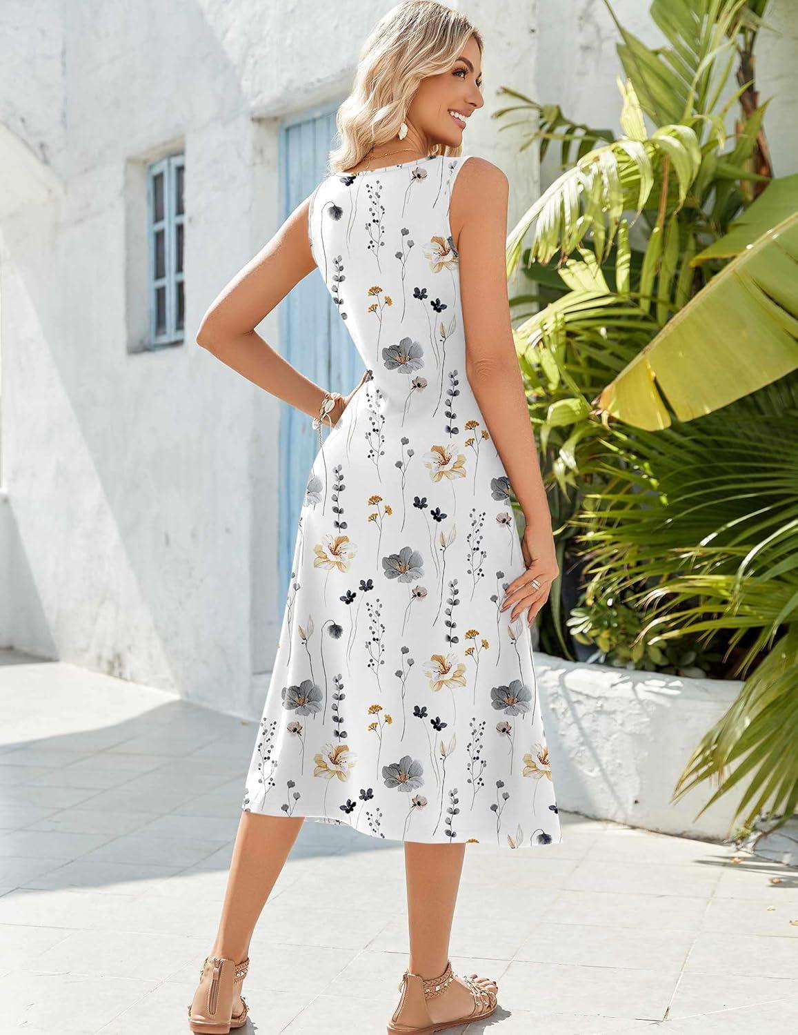 imageZeagoo Womens Summer Midi Dresses 2026 Casual Sleeveless Tank Sundresses A Line Crewneck Beach Vacation Dress with PocketsWhite Floraldh6