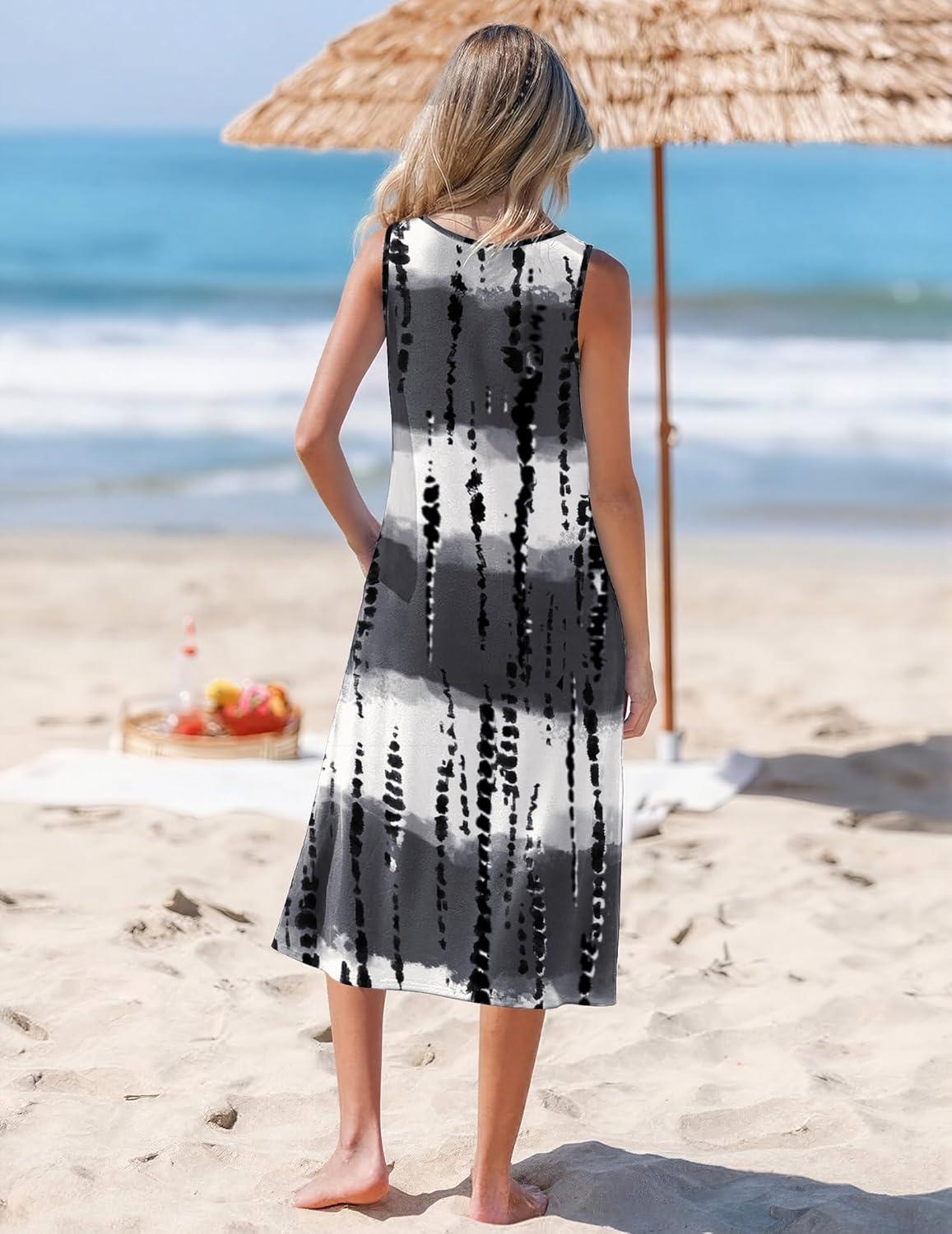 imageZeagoo Womens Summer Midi Dresses 2026 Casual Sleeveless Tank Sundresses A Line Crewneck Beach Vacation Dress with PocketsWhiteblack Patternzr231