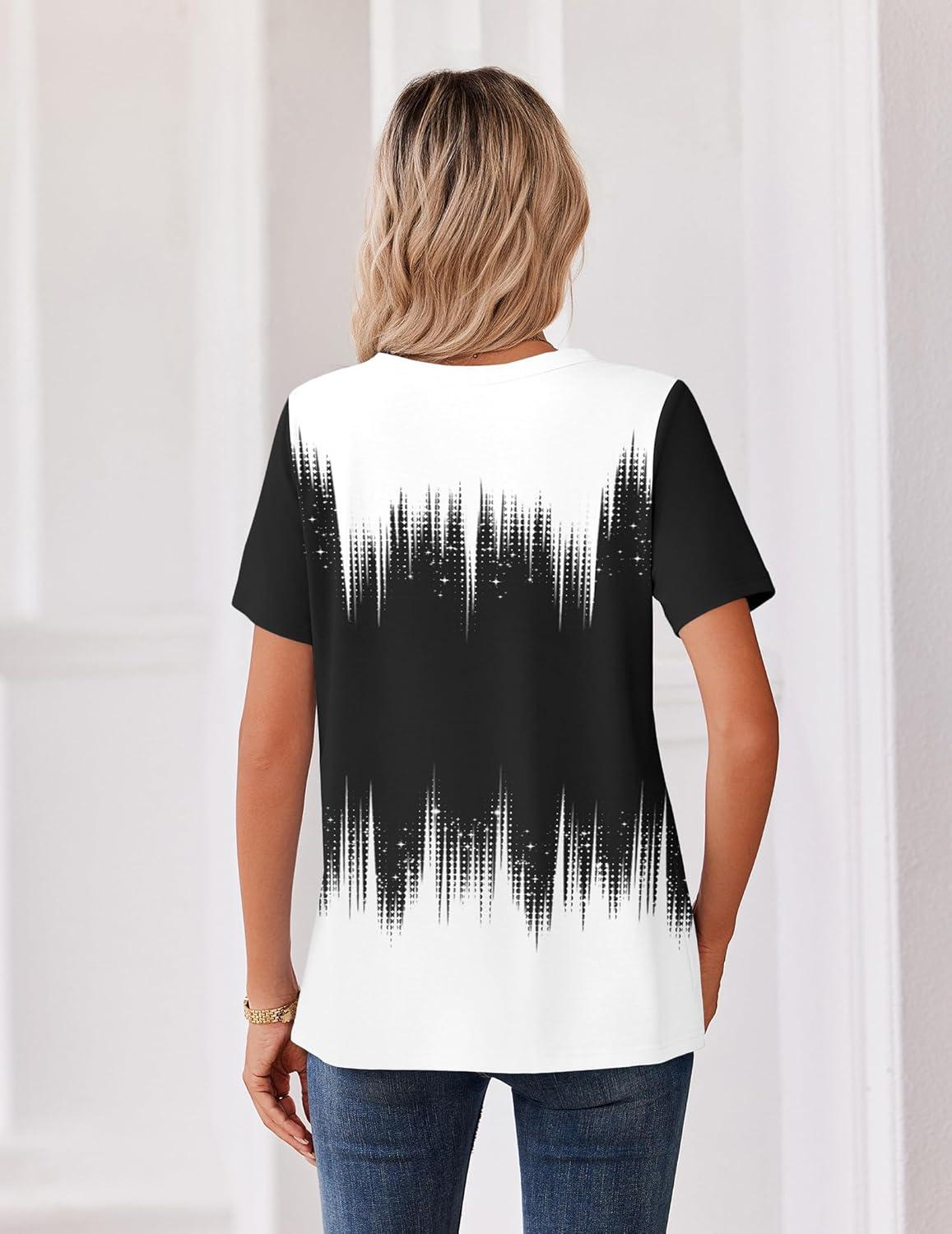 imageZeagoo Womens Summer Tops V Neck Short Sleeve Shirts Dressy Casual Blouse Spring Vacation Tshirts ClothesBlack White Gradient