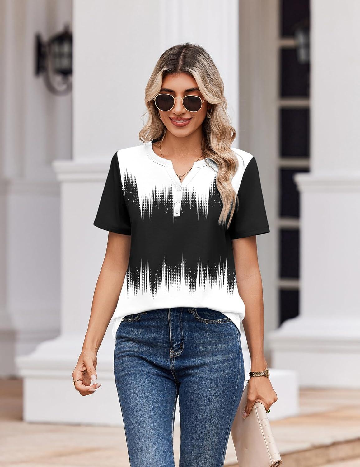imageZeagoo Womens Summer Tops V Neck Short Sleeve Shirts Dressy Casual Blouse Spring Vacation Tshirts ClothesBlack White Gradient