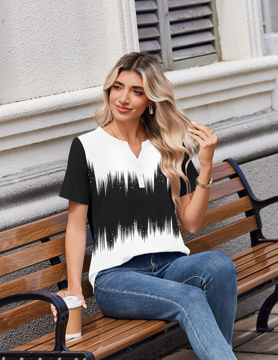 imageZeagoo Womens Summer Tops V Neck Short Sleeve Shirts Dressy Casual Blouse Spring Vacation Tshirts ClothesBlack White Gradient