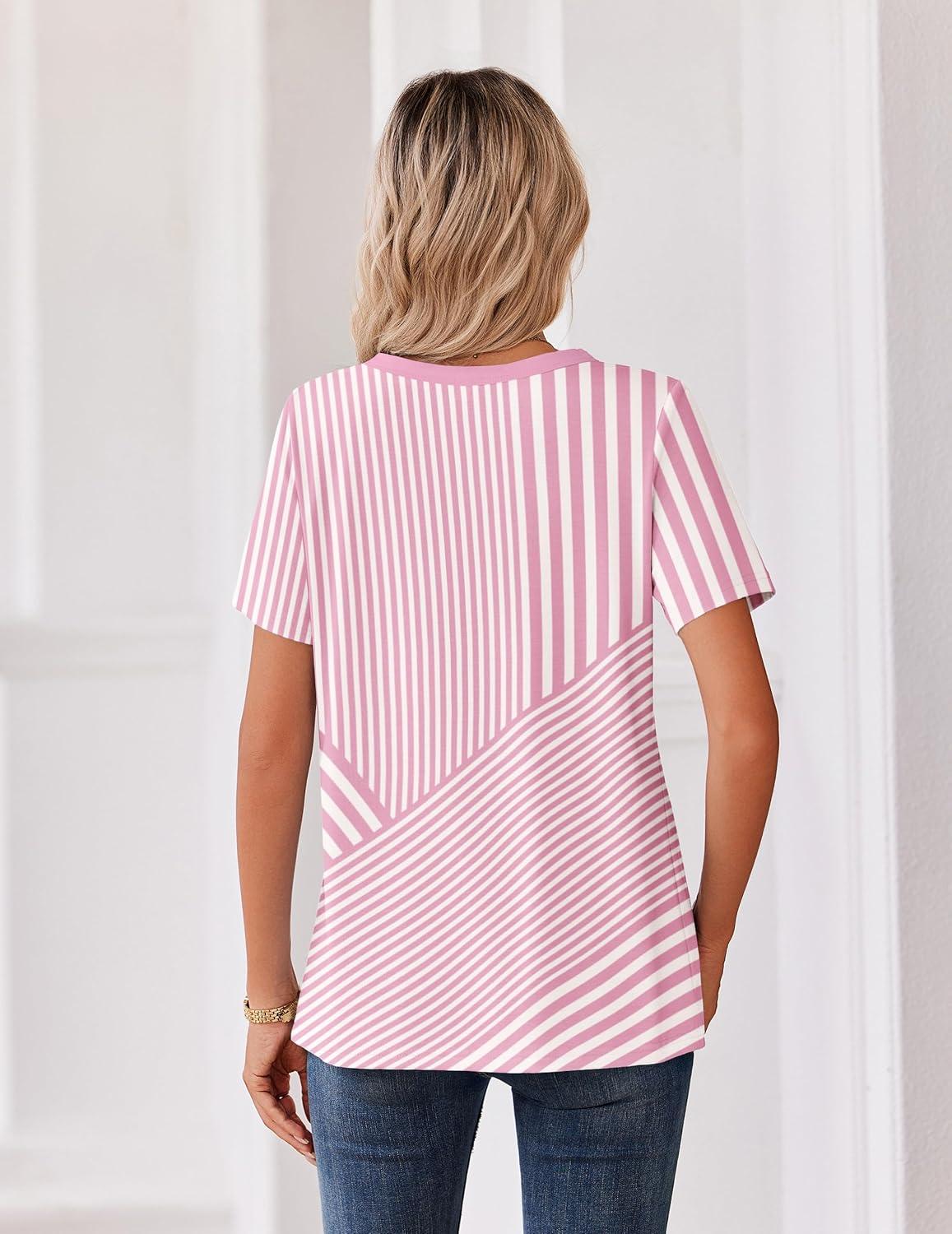 imageZeagoo Womens Summer Tops V Neck Short Sleeve Shirts Dressy Casual Blouse Spring Vacation Tshirts ClothesPink Stripes
