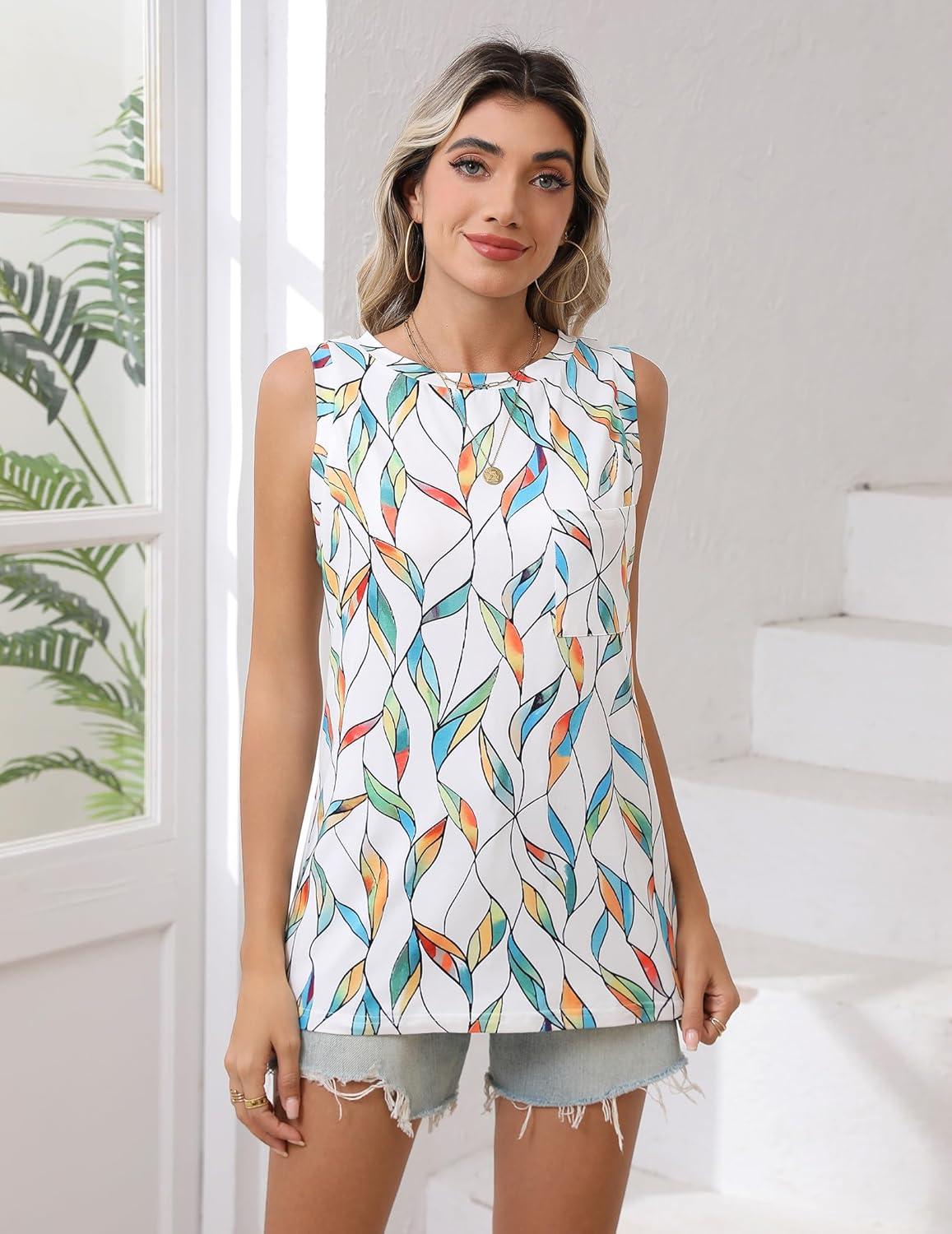 imageZeagoo Womens Tank Tops 2026 Loose Fit High Neck Summer Top Dressy Casual Sleeveless Shirts with Pocket1leaf White