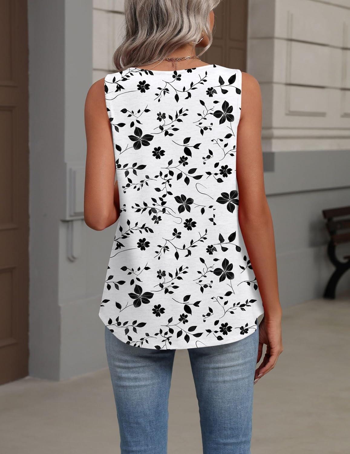 imageZeagoo Womens Tank Tops Summer Sleeveless Loose Fit Tops V Neck Pleated Shirts Basic Tees Dressy Casual Trendy ClothesSf291white and Black Flower