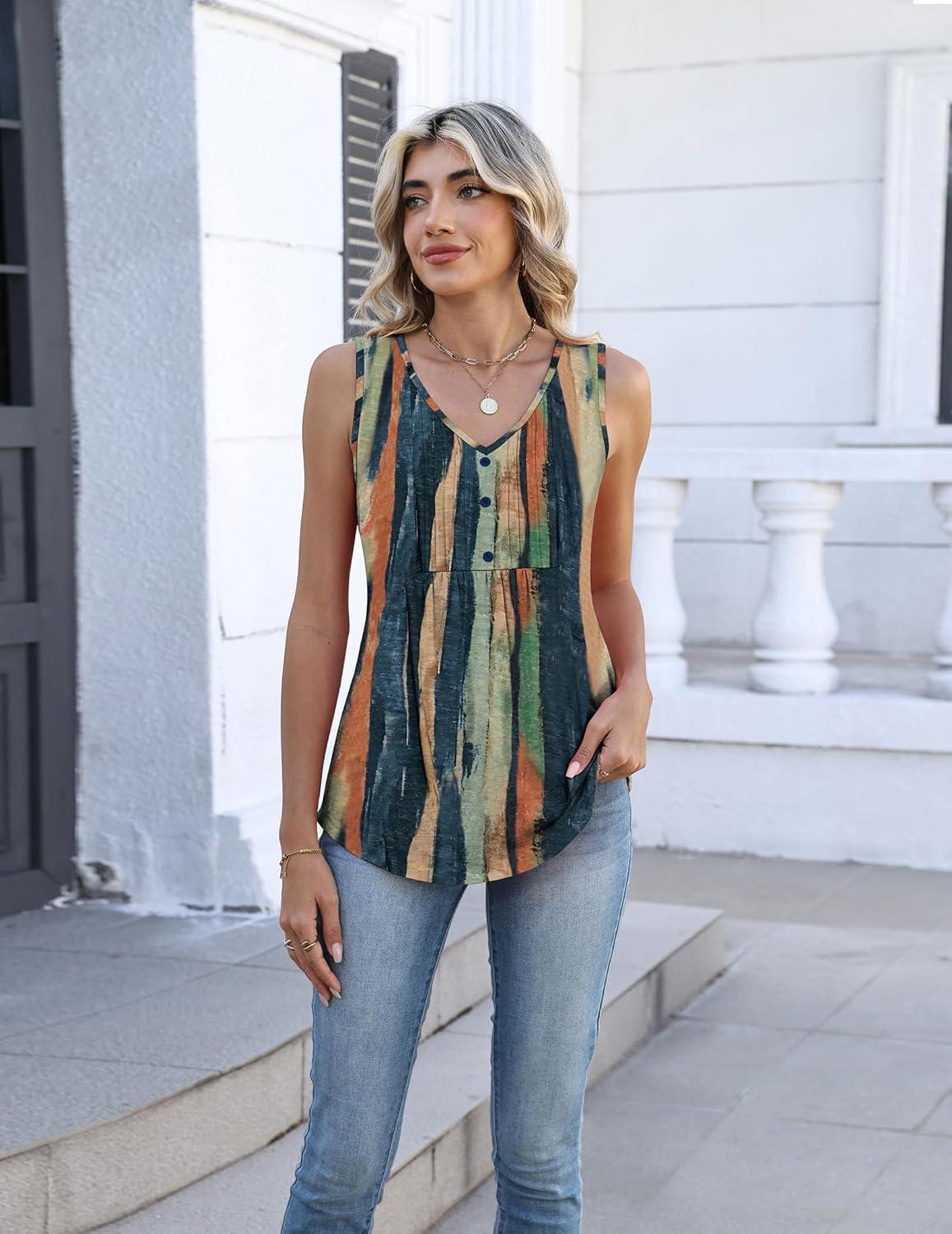 imageZeagoo Womens Tank Tops Summer Sleeveless Pleated V Neck Tunic Shirts Loose Casual Button Flowy Boho Clothes S3XLPattern Cx289