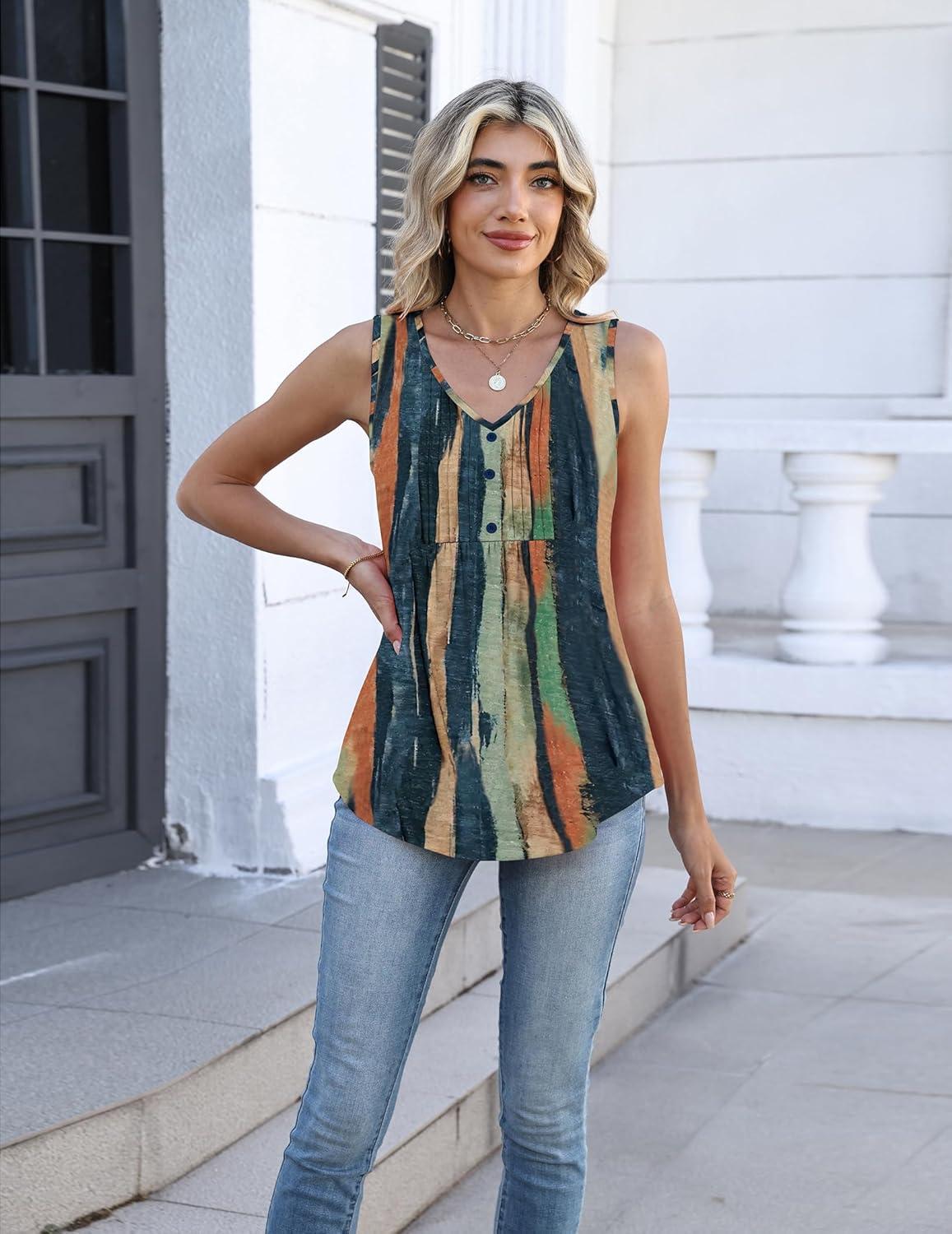 imageZeagoo Womens Tank Tops Summer Sleeveless Pleated V Neck Tunic Shirts Loose Casual Button Flowy Boho Clothes S3XLPattern Cx289