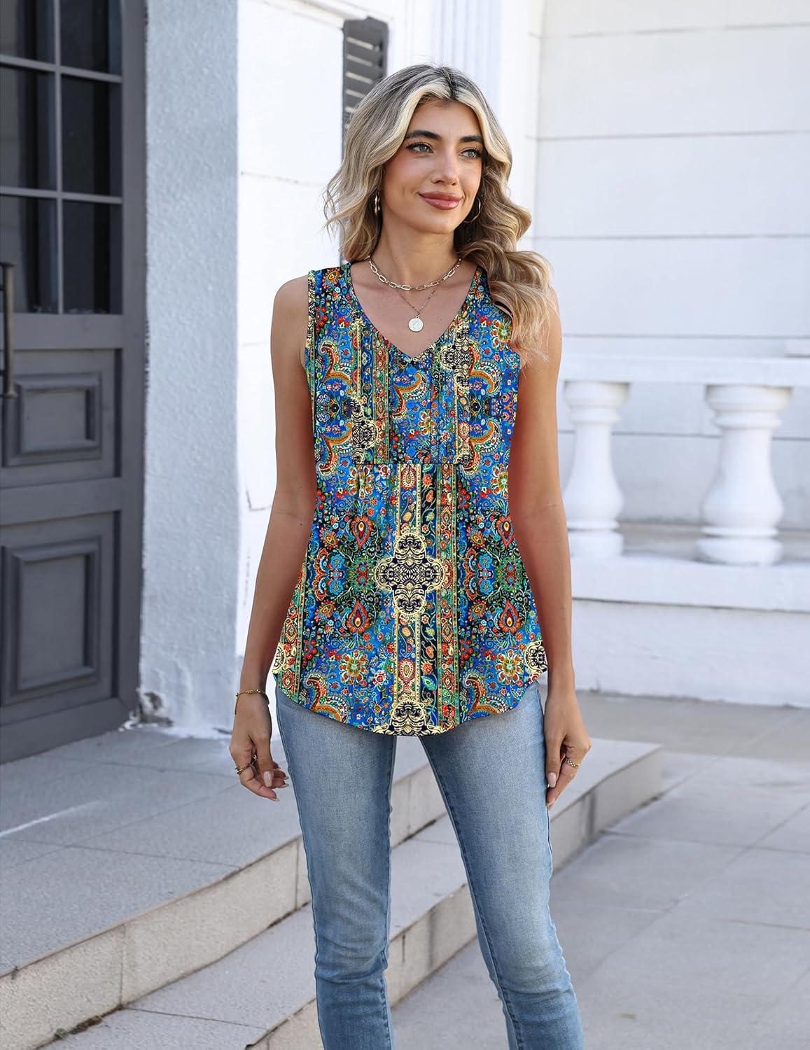 imageZeagoo Womens Tank Tops Summer Sleeveless Pleated V Neck Tunic Shirts Loose Casual Button Flowy Boho Clothes S3XLPattern Mz779