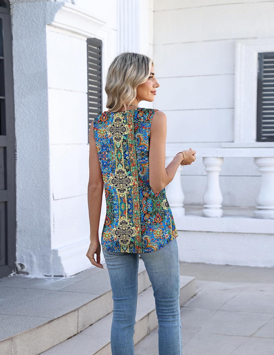 imageZeagoo Womens Tank Tops Summer Sleeveless Pleated V Neck Tunic Shirts Loose Casual Button Flowy Boho Clothes S3XLPattern Mz779