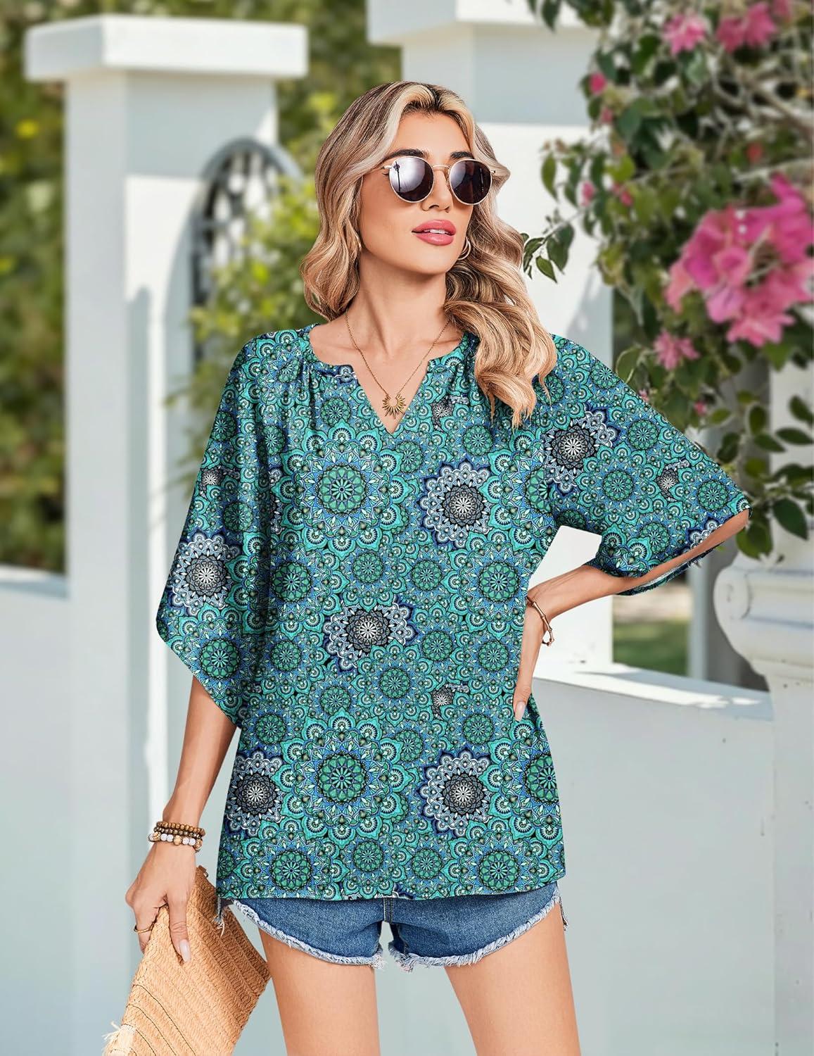 imageZeagoo Womens Tops 34 Sleeve V Neck Bohemian Blouses Casual Loose Fit Tunic Boho Shirts Floral Printed ClothesBlue Floral Mz858