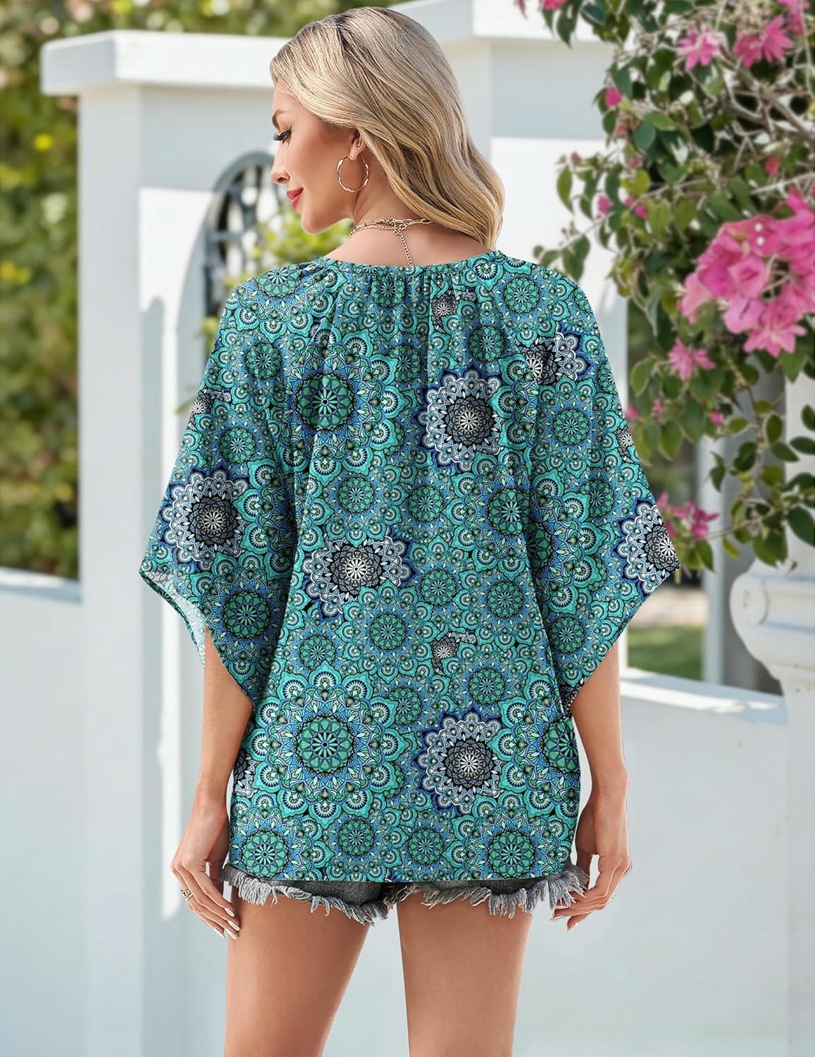 imageZeagoo Womens Tops 34 Sleeve V Neck Bohemian Blouses Casual Loose Fit Tunic Boho Shirts Floral Printed ClothesBlue Floral Mz858