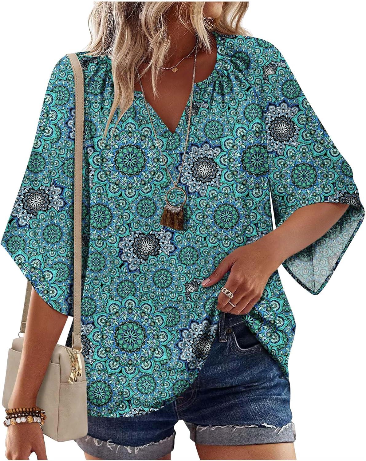imageZeagoo Womens Tops 34 Sleeve V Neck Bohemian Blouses Casual Loose Fit Tunic Boho Shirts Floral Printed ClothesBlue Floral Mz858