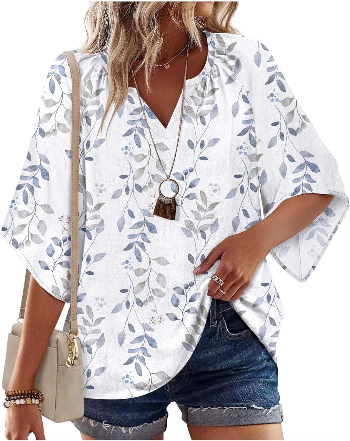 imageZeagoo Womens Tops 34 Sleeve V Neck Bohemian Blouses Casual Loose Fit Tunic Boho Shirts Floral Printed ClothesBlue Leaf Sp106
