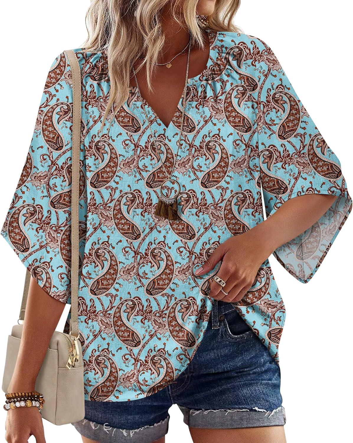 imageZeagoo Womens Tops 34 Sleeve V Neck Bohemian Blouses Casual Loose Fit Tunic Boho Shirts Floral Printed ClothesBoho Multicolo Mz899