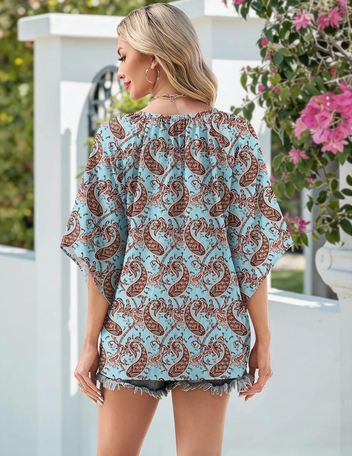 imageZeagoo Womens Tops 34 Sleeve V Neck Bohemian Blouses Casual Loose Fit Tunic Boho Shirts Floral Printed ClothesBoho Multicolo Mz899