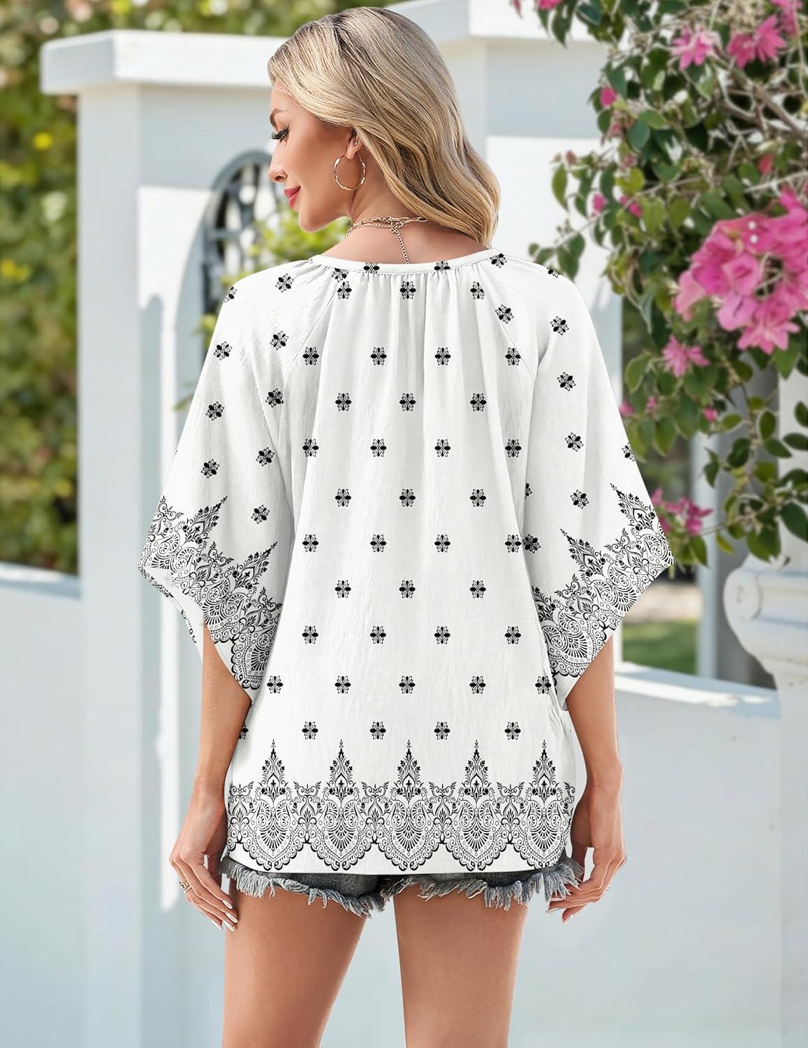 imageZeagoo Womens Tops 34 Sleeve V Neck Bohemian Blouses Casual Loose Fit Tunic Boho Shirts Floral Printed ClothesMulti Apricot Mz920