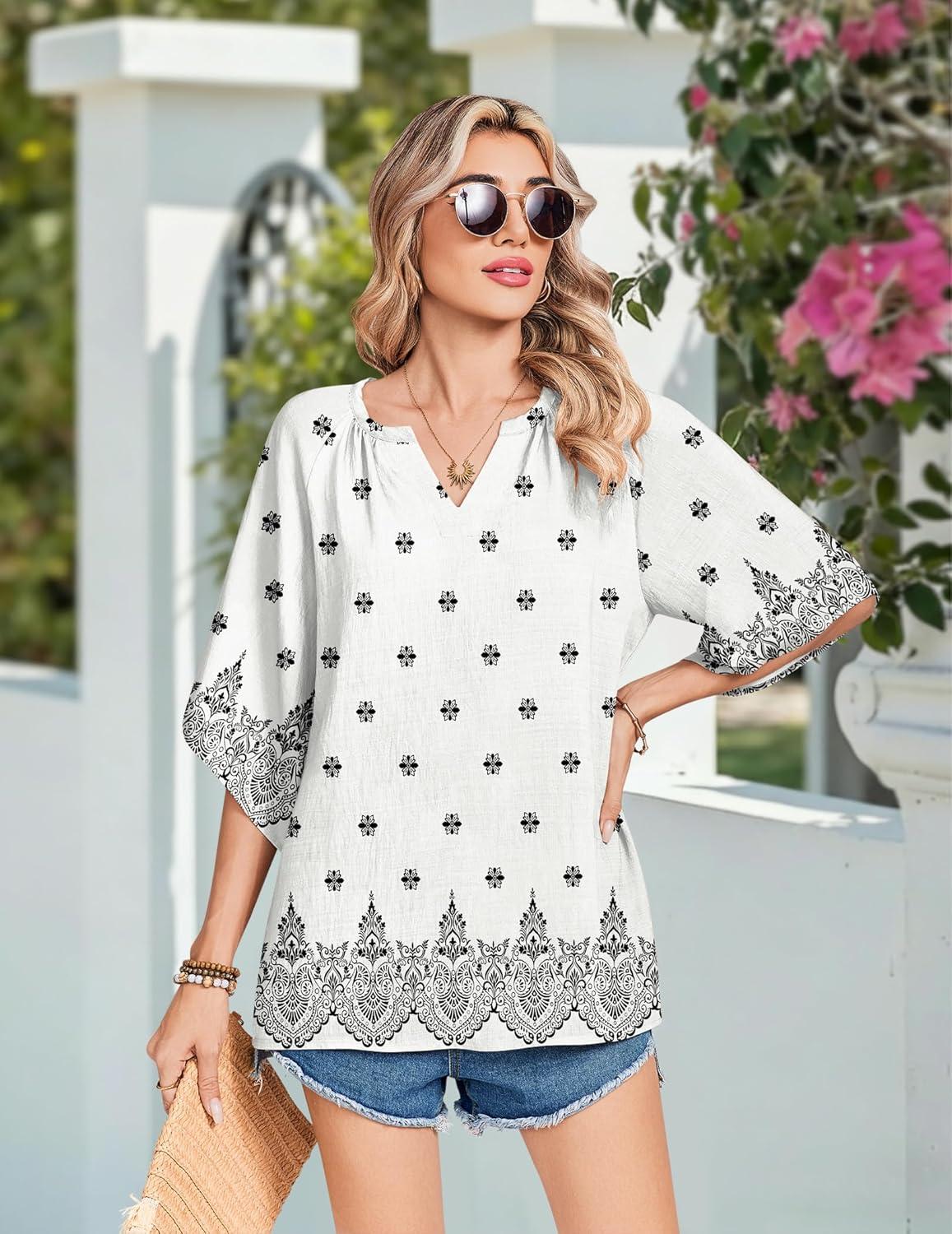 imageZeagoo Womens Tops 34 Sleeve V Neck Bohemian Blouses Casual Loose Fit Tunic Boho Shirts Floral Printed ClothesMulti Apricot Mz920