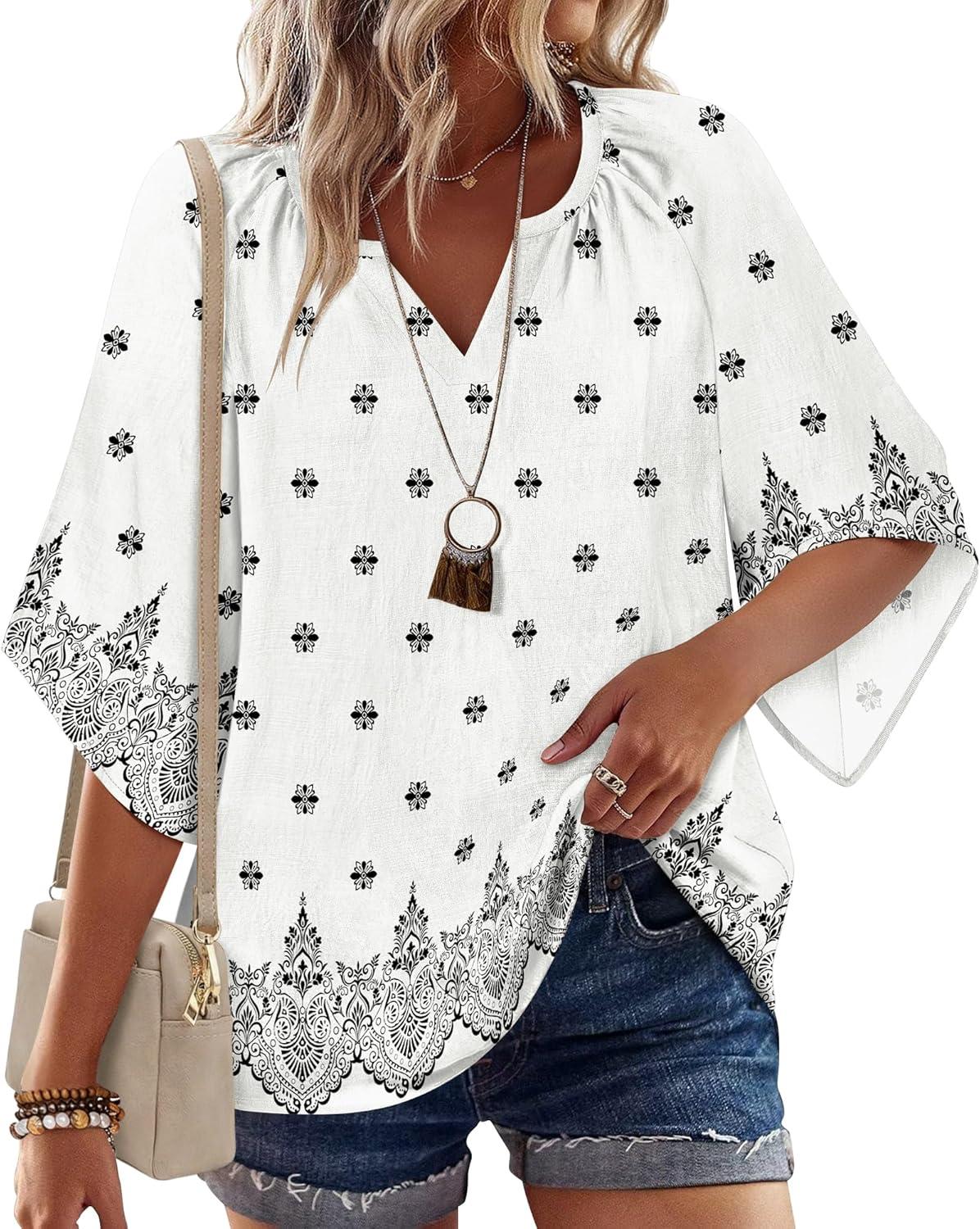 imageZeagoo Womens Tops 34 Sleeve V Neck Bohemian Blouses Casual Loose Fit Tunic Boho Shirts Floral Printed ClothesMulti Apricot Mz920
