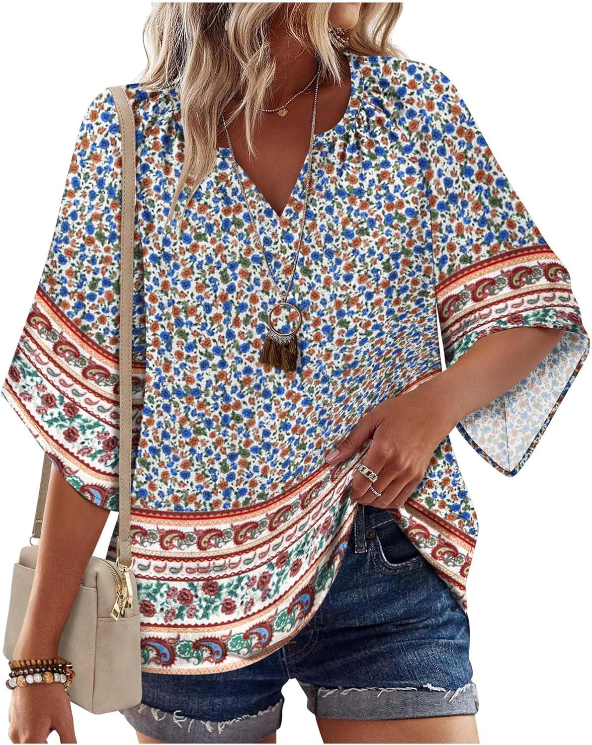 imageZeagoo Womens Tops 34 Sleeve V Neck Bohemian Blouses Casual Loose Fit Tunic Boho Shirts Floral Printed ClothesMulti Floral Mz914