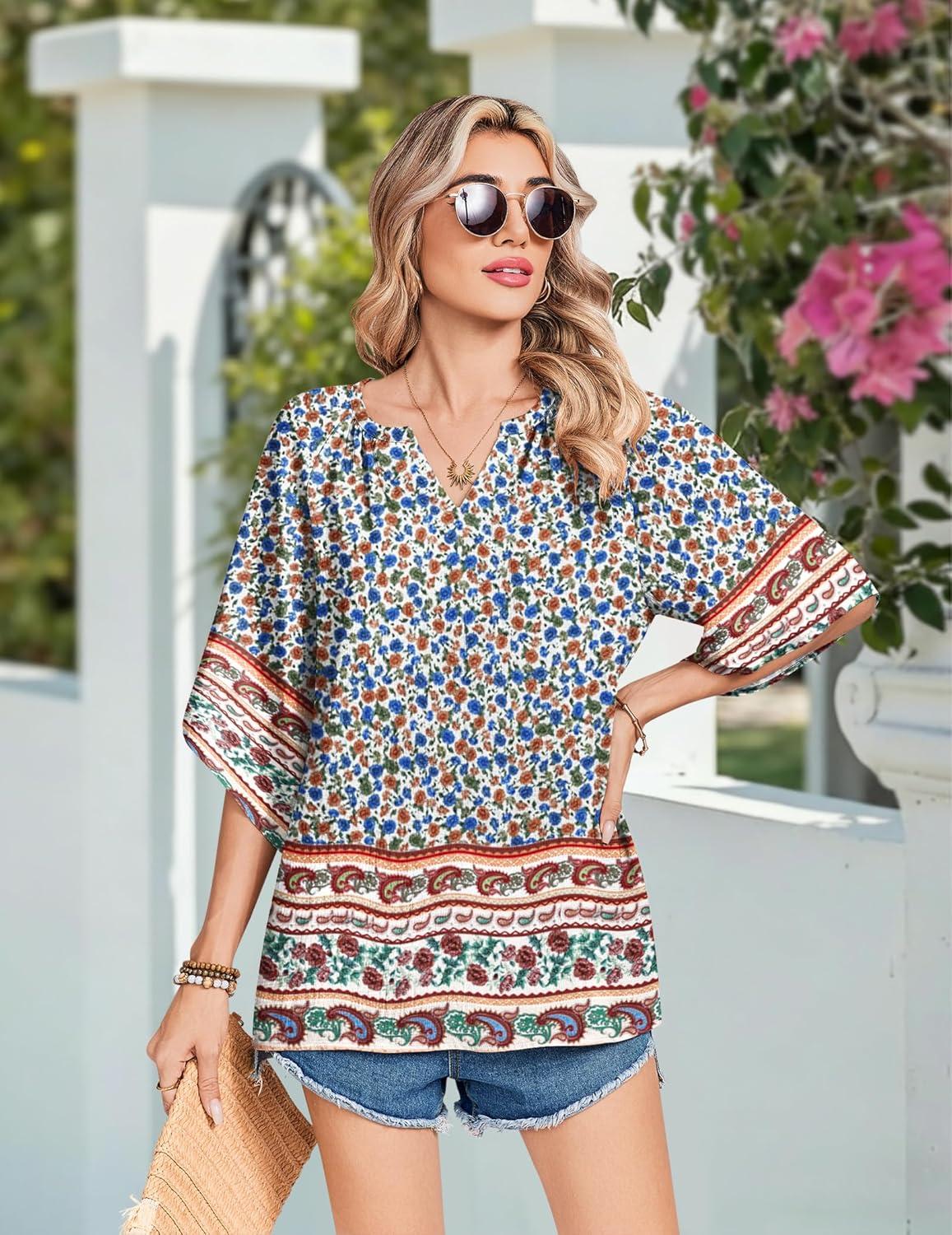 imageZeagoo Womens Tops 34 Sleeve V Neck Bohemian Blouses Casual Loose Fit Tunic Boho Shirts Floral Printed ClothesMulti Floral Mz914