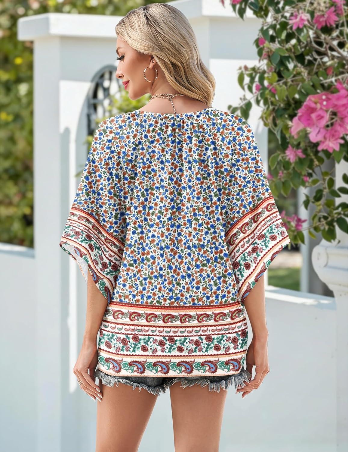 imageZeagoo Womens Tops 34 Sleeve V Neck Bohemian Blouses Casual Loose Fit Tunic Boho Shirts Floral Printed ClothesMulti Floral Mz914