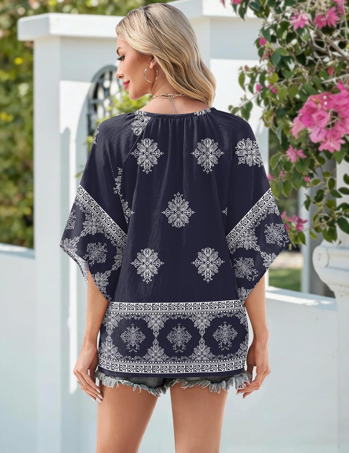imageZeagoo Womens Tops 34 Sleeve V Neck Bohemian Blouses Casual Loose Fit Tunic Boho Shirts Floral Printed ClothesNavy Blue Mz918