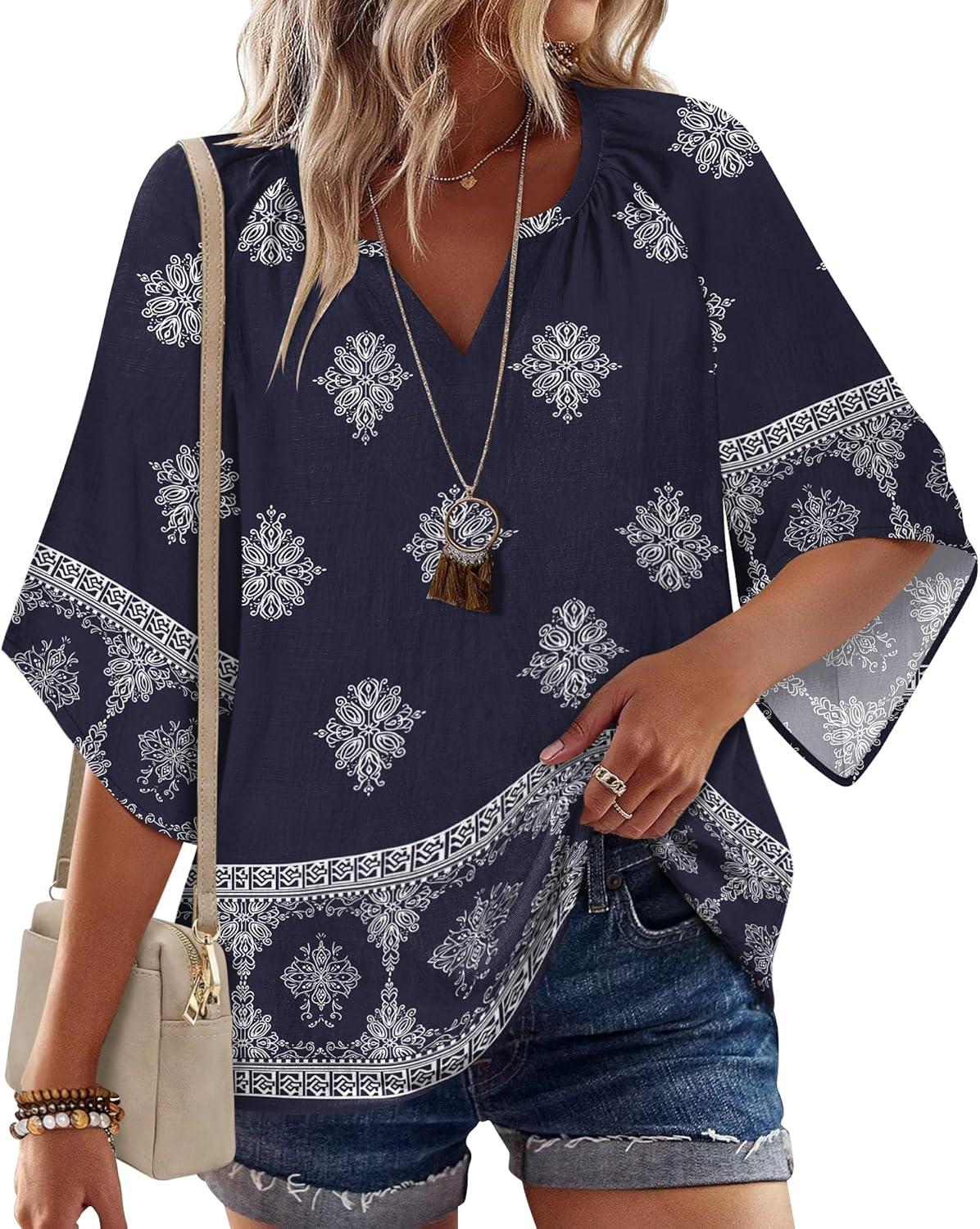 imageZeagoo Womens Tops 34 Sleeve V Neck Bohemian Blouses Casual Loose Fit Tunic Boho Shirts Floral Printed ClothesNavy Blue Mz918