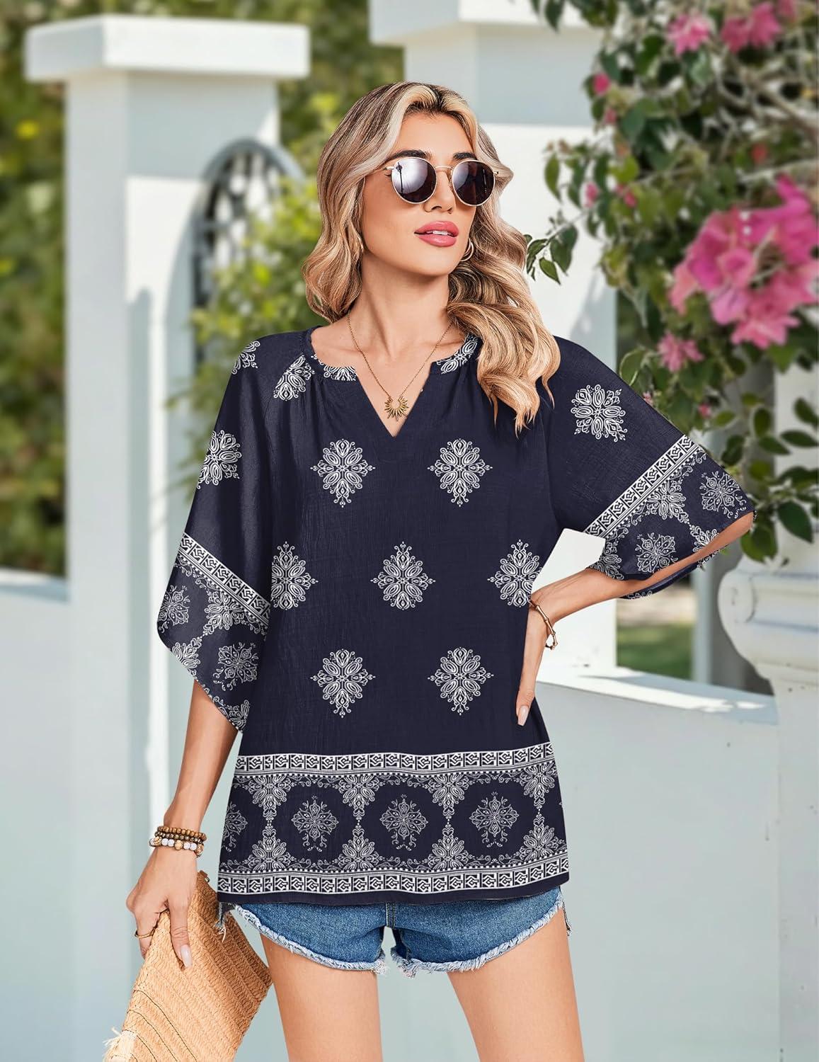 imageZeagoo Womens Tops 34 Sleeve V Neck Bohemian Blouses Casual Loose Fit Tunic Boho Shirts Floral Printed ClothesNavy Blue Mz918