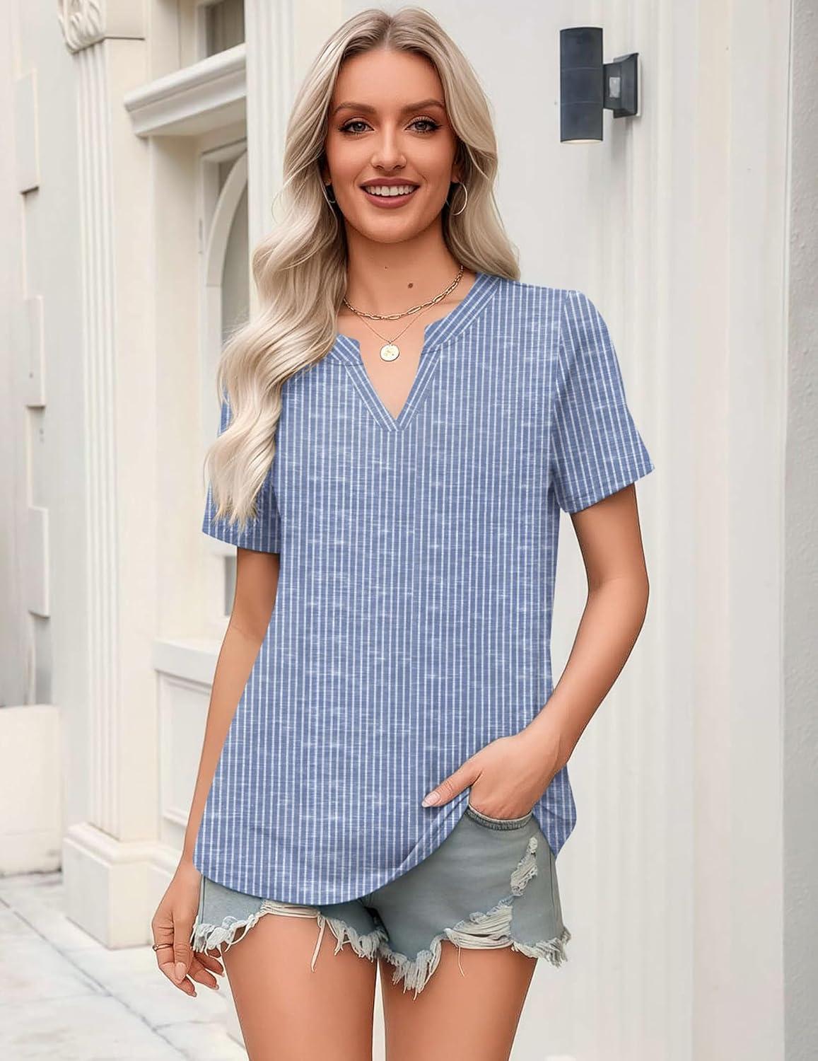 imageZeagoo Womens Tops Short Sleeve V Neck Tee Shirts Cute Dressy Casual Clothing Business Work BlouseBlue and White Stripes Tz273