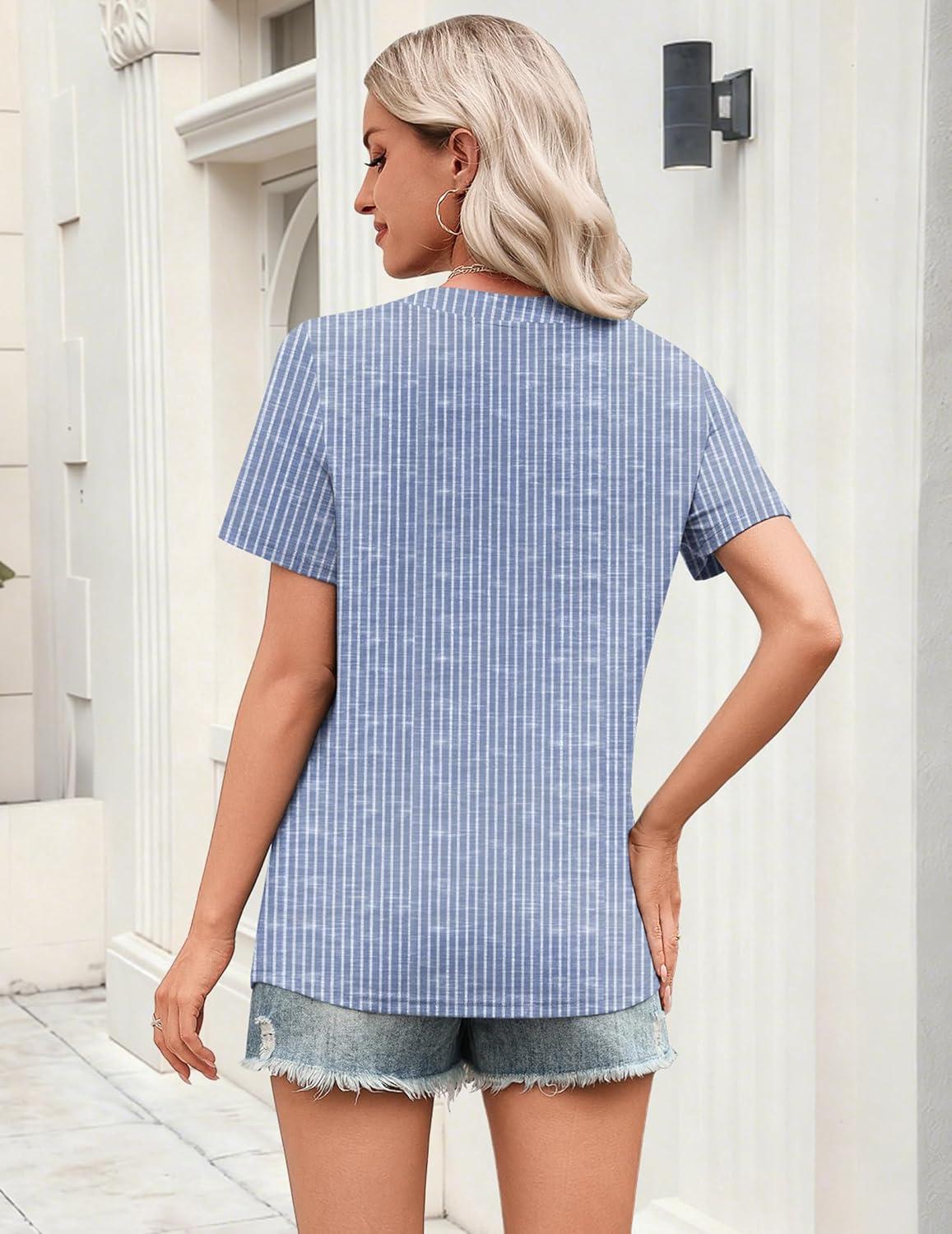 imageZeagoo Womens Tops Short Sleeve V Neck Tee Shirts Cute Dressy Casual Clothing Business Work BlouseBlue and White Stripes Tz273