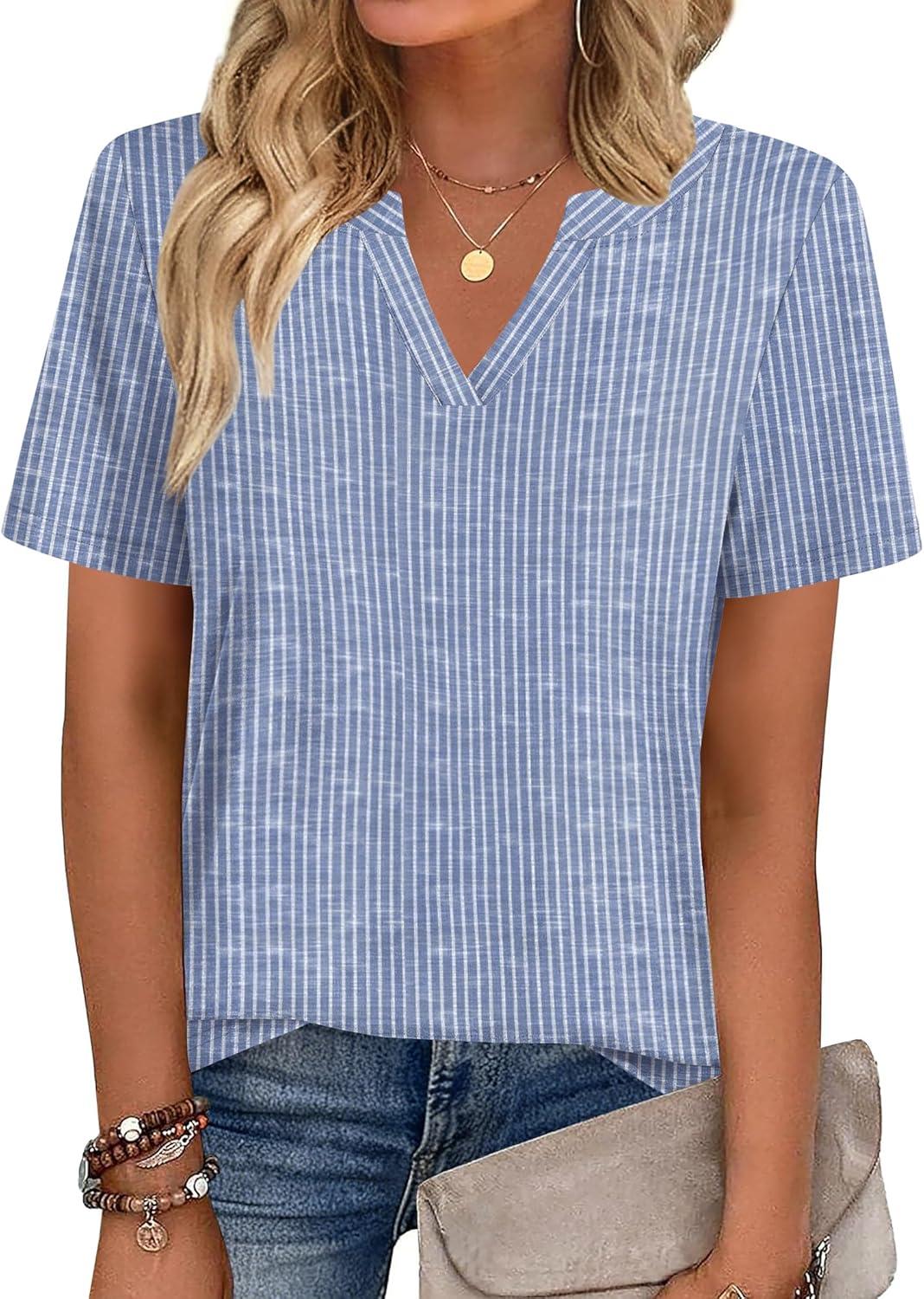 imageZeagoo Womens Tops Short Sleeve V Neck Tee Shirts Cute Dressy Casual Clothing Business Work BlouseBlue and White Stripes Tz273