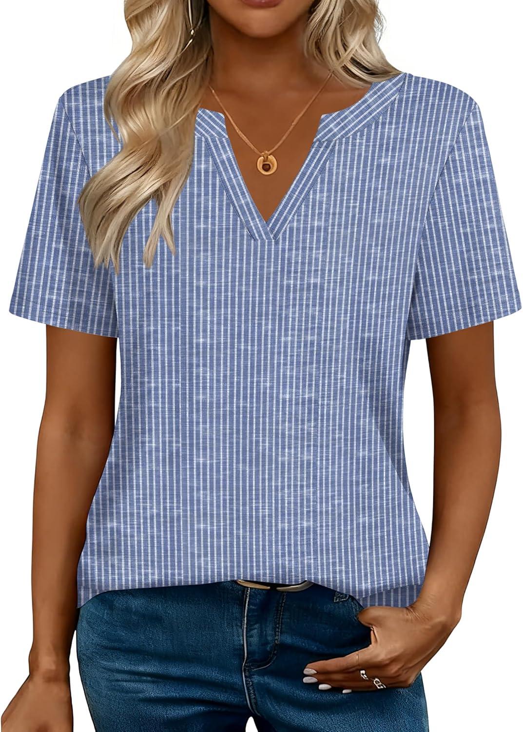 imageZeagoo Womens Tops Short Sleeve V Neck Tee Shirts Cute Dressy Casual Clothing Business Work BlouseBlue and White Stripes Tz273