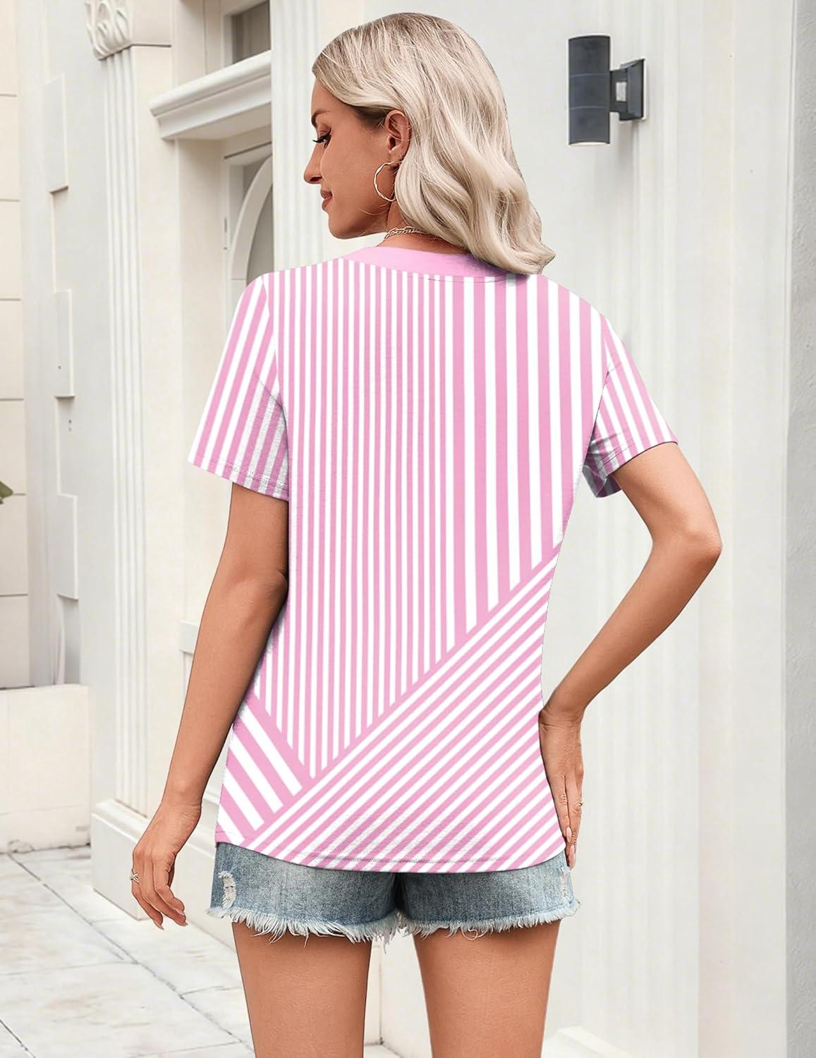 imageZeagoo Womens Tops Short Sleeve V Neck Tee Shirts Cute Dressy Casual Clothing Business Work BlousePink and White Stripes Tz300