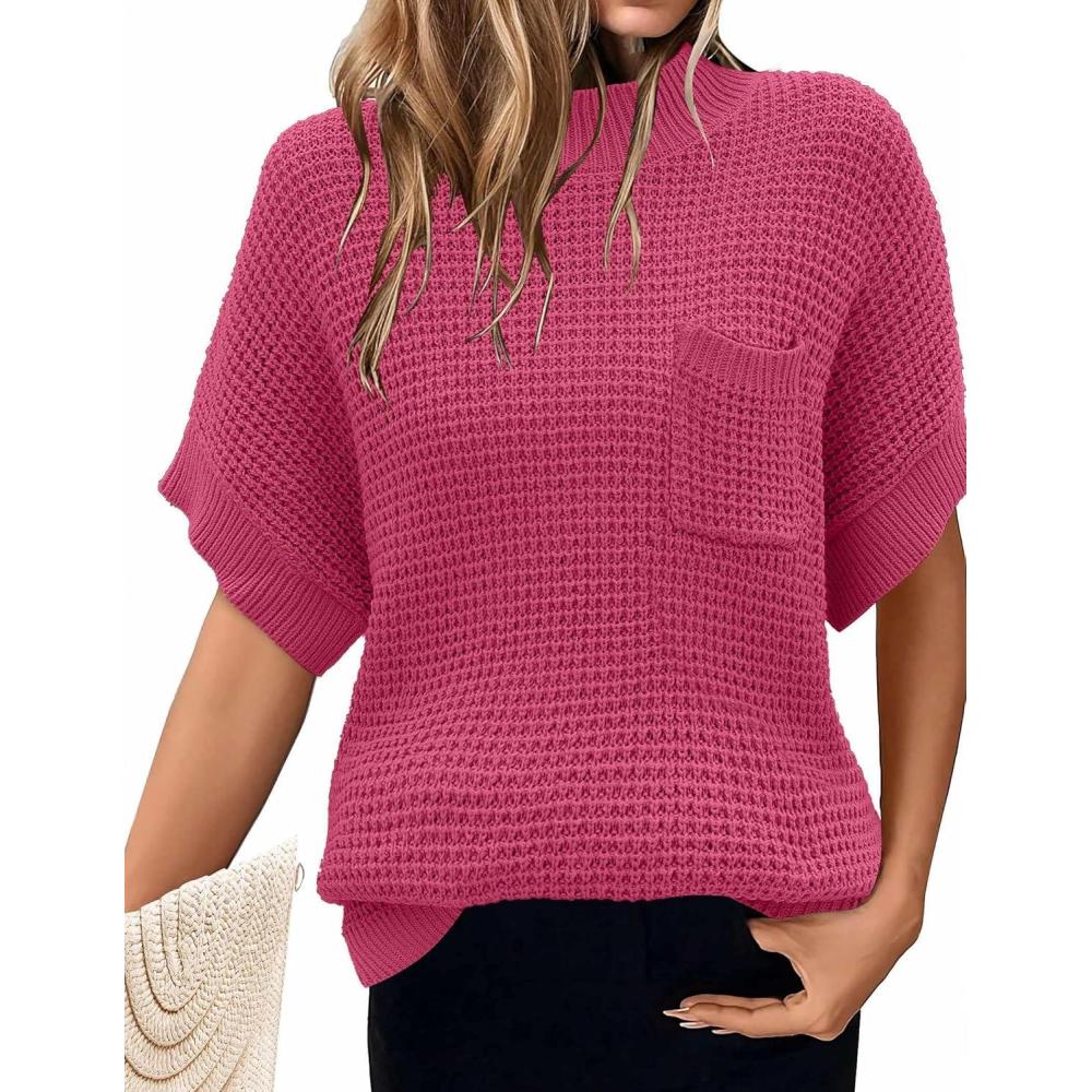 imageWomen 2026 Sweater Vest Mock Neck Batwing Short Sleeve Oversized Ribbed Knit Tops Fall Pullover Sweater SXXLRose Red