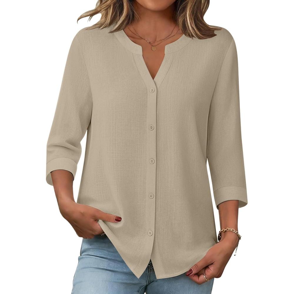 imageZeagoo Button Down Shirts for Women 34 Sleeve Linen Cotton V Neck Tops Dressy Casual Loose Work BlousesApricot