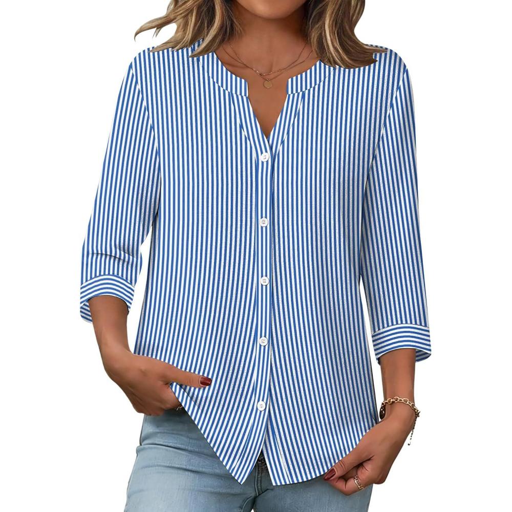 imageZeagoo Button Down Shirts for Women 34 Sleeve Linen Cotton V Neck Tops Dressy Casual Loose Work BlousesBlue Stripessa1