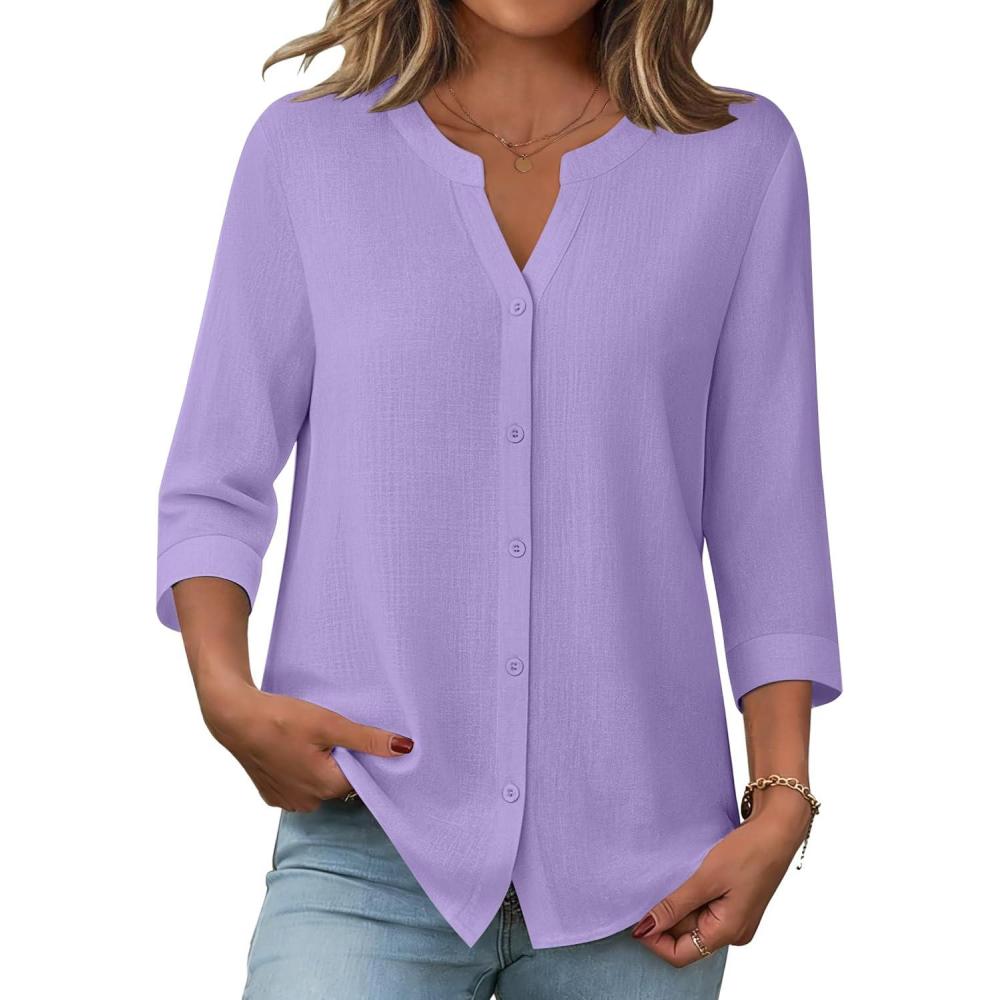imageZeagoo Button Down Shirts for Women 34 Sleeve Linen Cotton V Neck Tops Dressy Casual Loose Work BlousesLavender