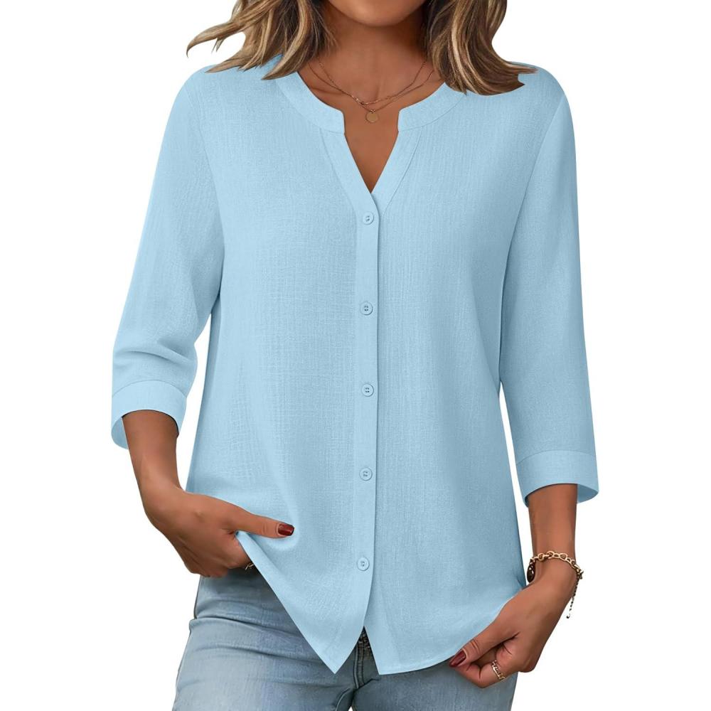 imageZeagoo Button Down Shirts for Women 34 Sleeve Linen Cotton V Neck Tops Dressy Casual Loose Work BlousesLight Blue