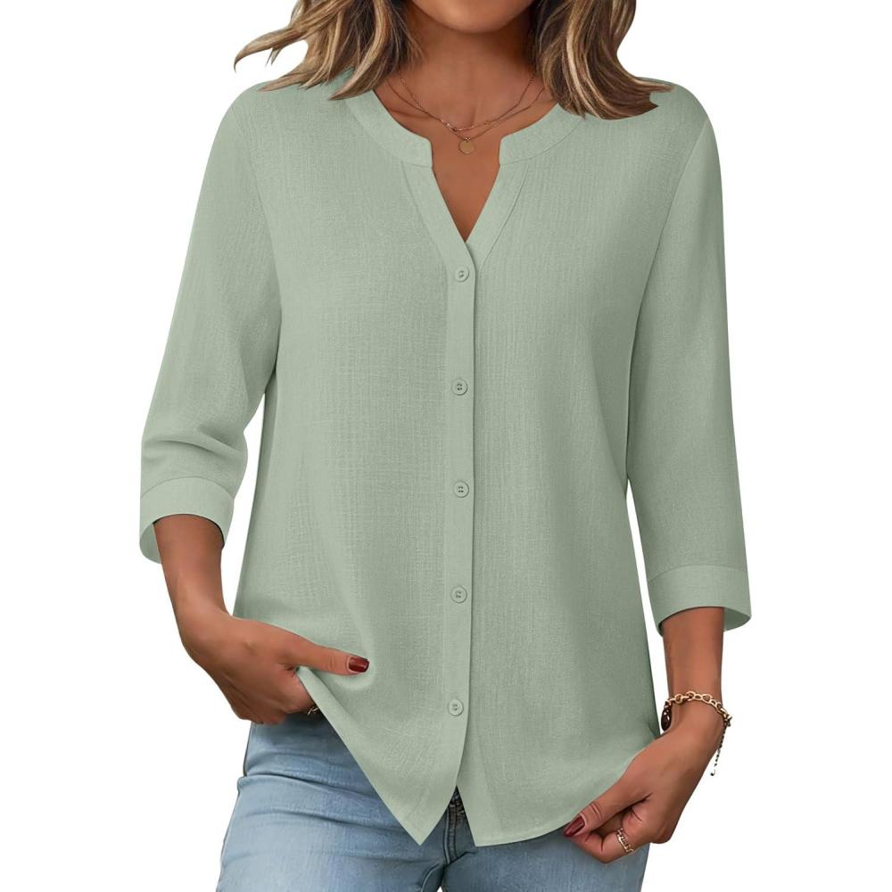 imageZeagoo Button Down Shirts for Women 34 Sleeve Linen Cotton V Neck Tops Dressy Casual Loose Work BlousesLight Green