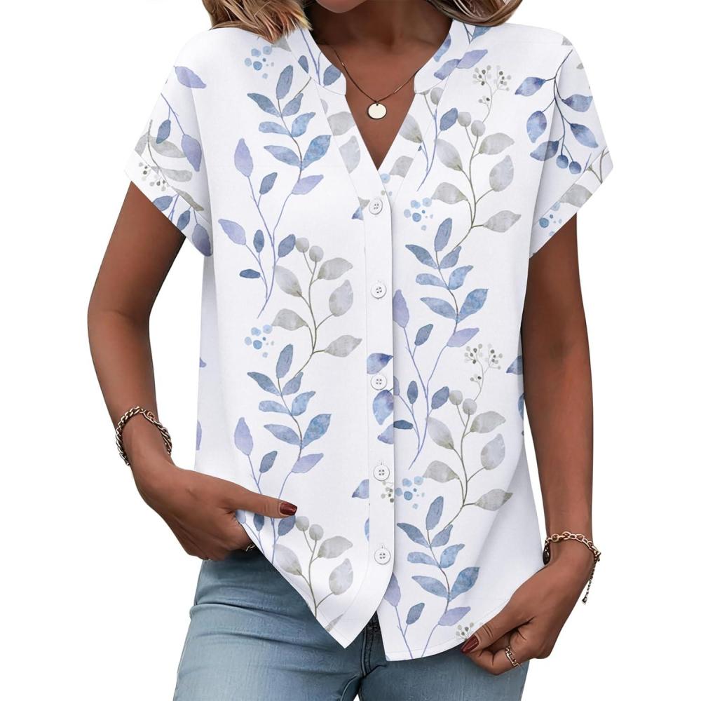 imageZeagoo Button Down Shirts for Women Short Sleeve Tops V Neck Collar Blouses Business Casual Outfits S2XLSp106