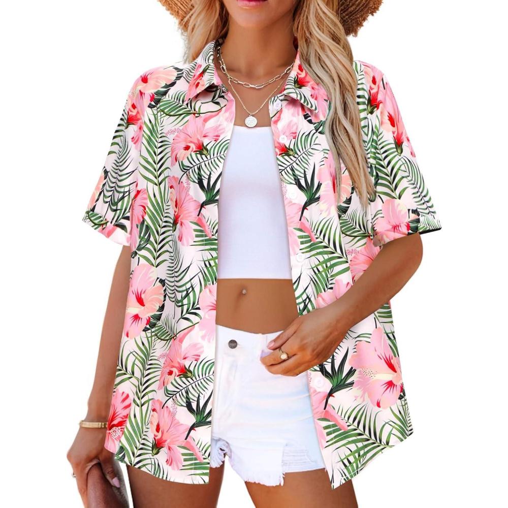imageZeagoo Hawaiian Shirts for Women Tropical Floral Button Down Short Sleeve Blouses Summer Beach Shirt Vacation TopsApink Floral