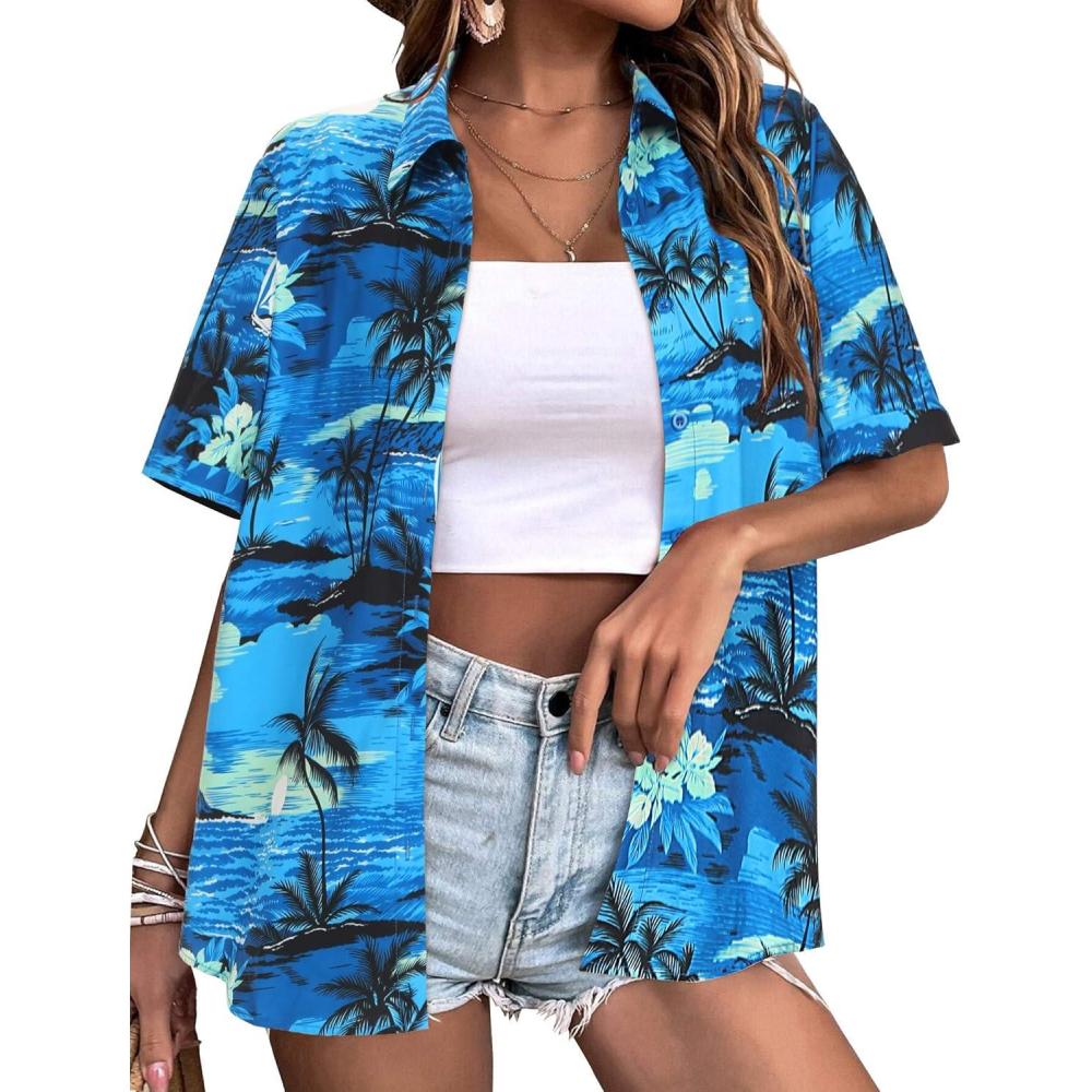 imageZeagoo Hawaiian Shirts for Women Tropical Floral Button Down Short Sleeve Blouses Summer Beach Shirt Vacation TopsBlue Hawaiian