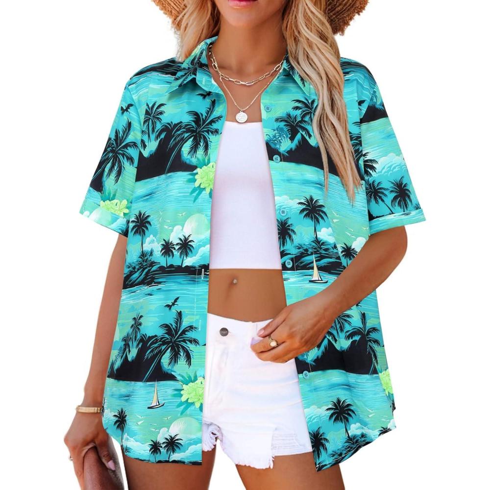 imageZeagoo Hawaiian Shirts for Women Tropical Floral Button Down Short Sleeve Blouses Summer Beach Shirt Vacation TopsGreen Hawaiian