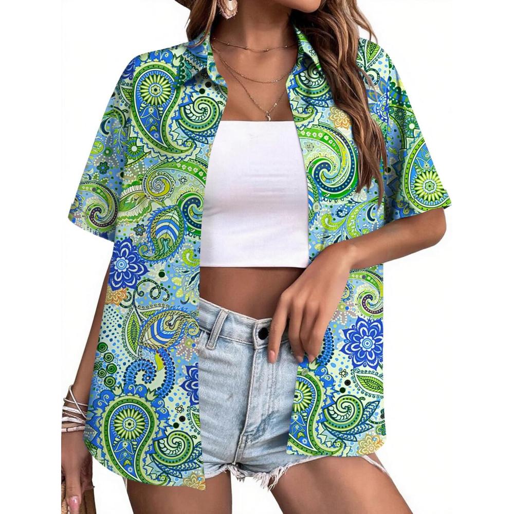 imageZeagoo Hawaiian Shirts for Women Tropical Floral Button Down Short Sleeve Blouses Summer Beach Shirt Vacation TopsPaisley Cashew Green