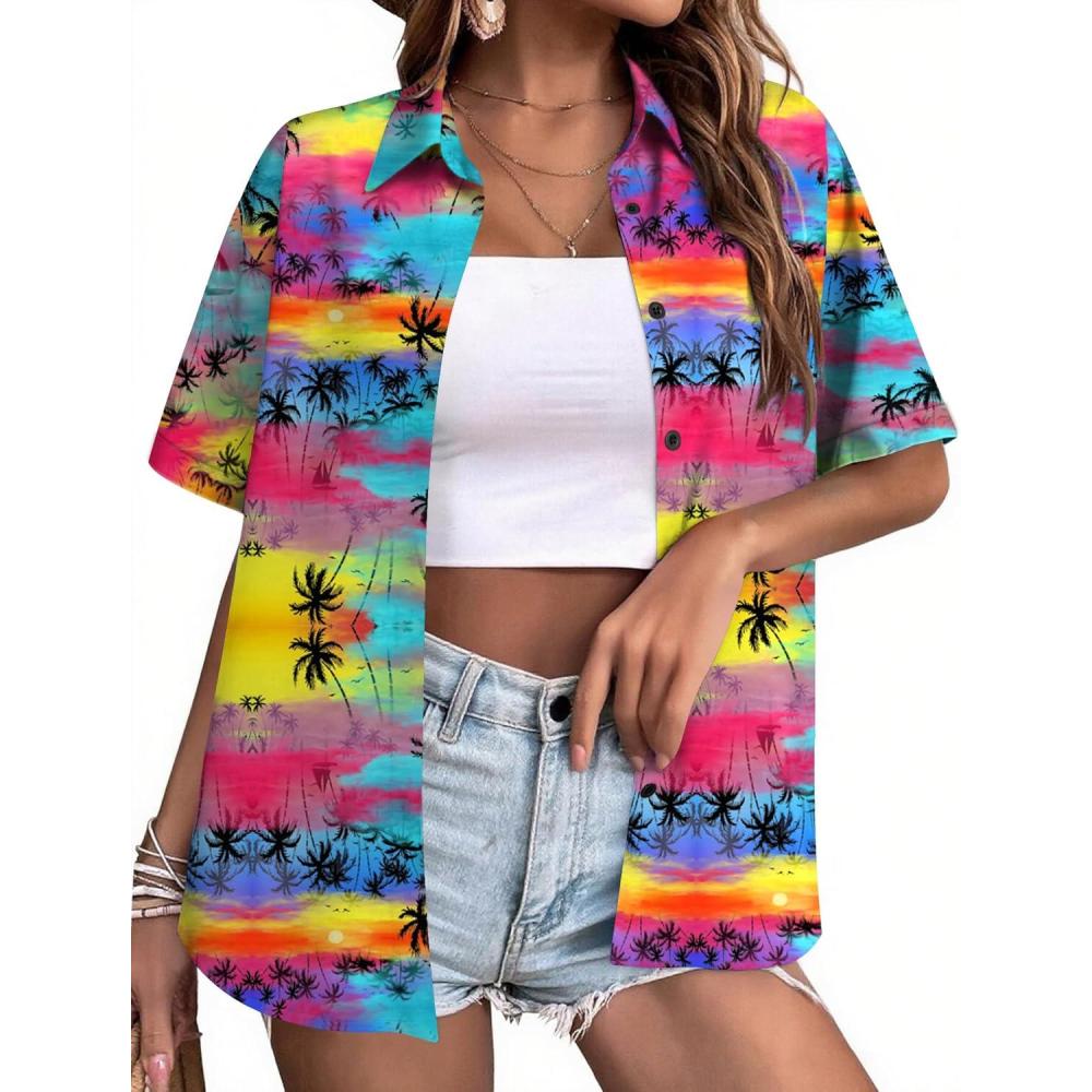 imageZeagoo Hawaiian Shirts for Women Tropical Floral Button Down Short Sleeve Blouses Summer Beach Shirt Vacation TopsTropical Coconut Pink